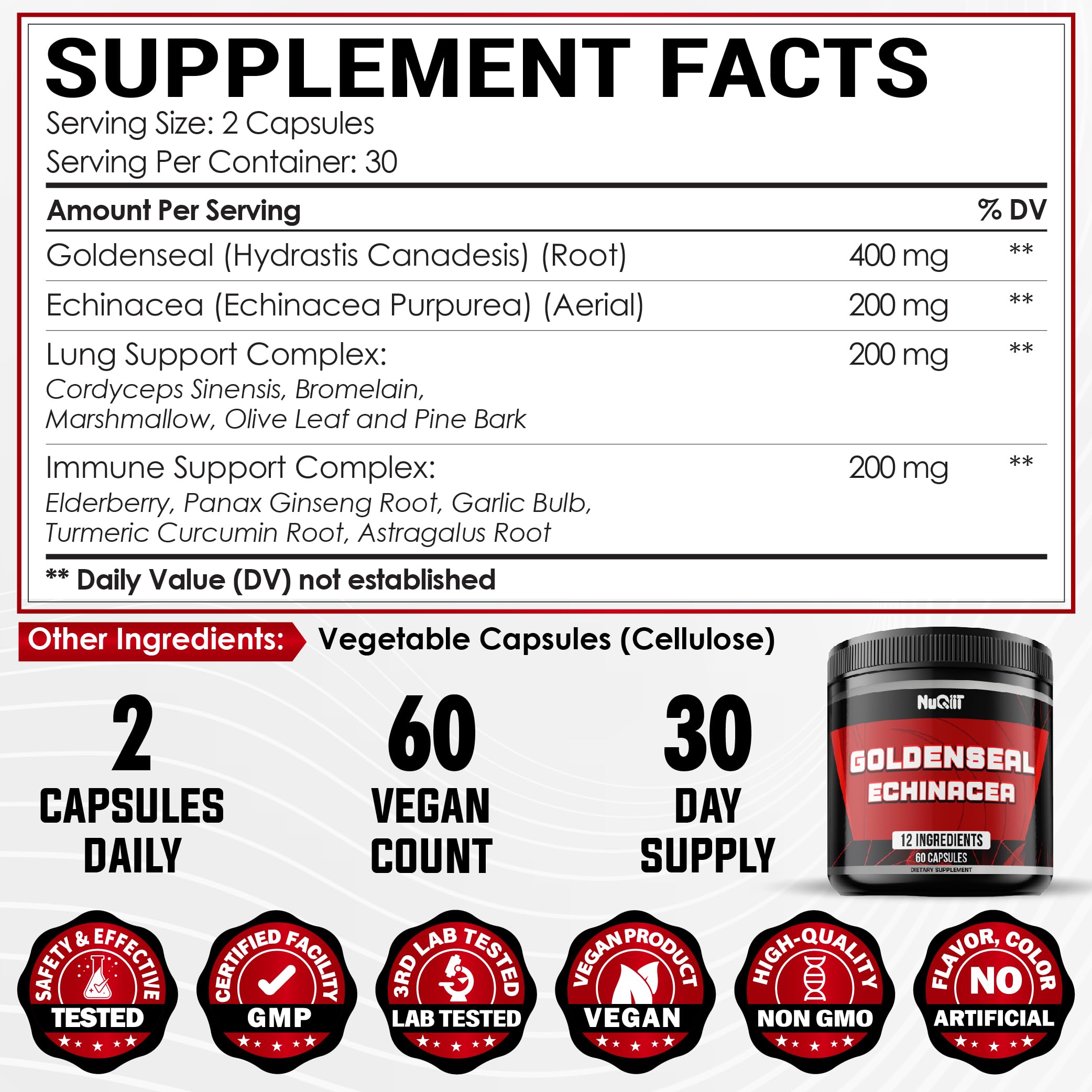 Condition photo showing New/Like New for Goldenseal Root Capsule with Echinacea, Panax Ginseng, Elderberry, Garlic Bulb - 60 Capsules - Goldenseal Root Powder