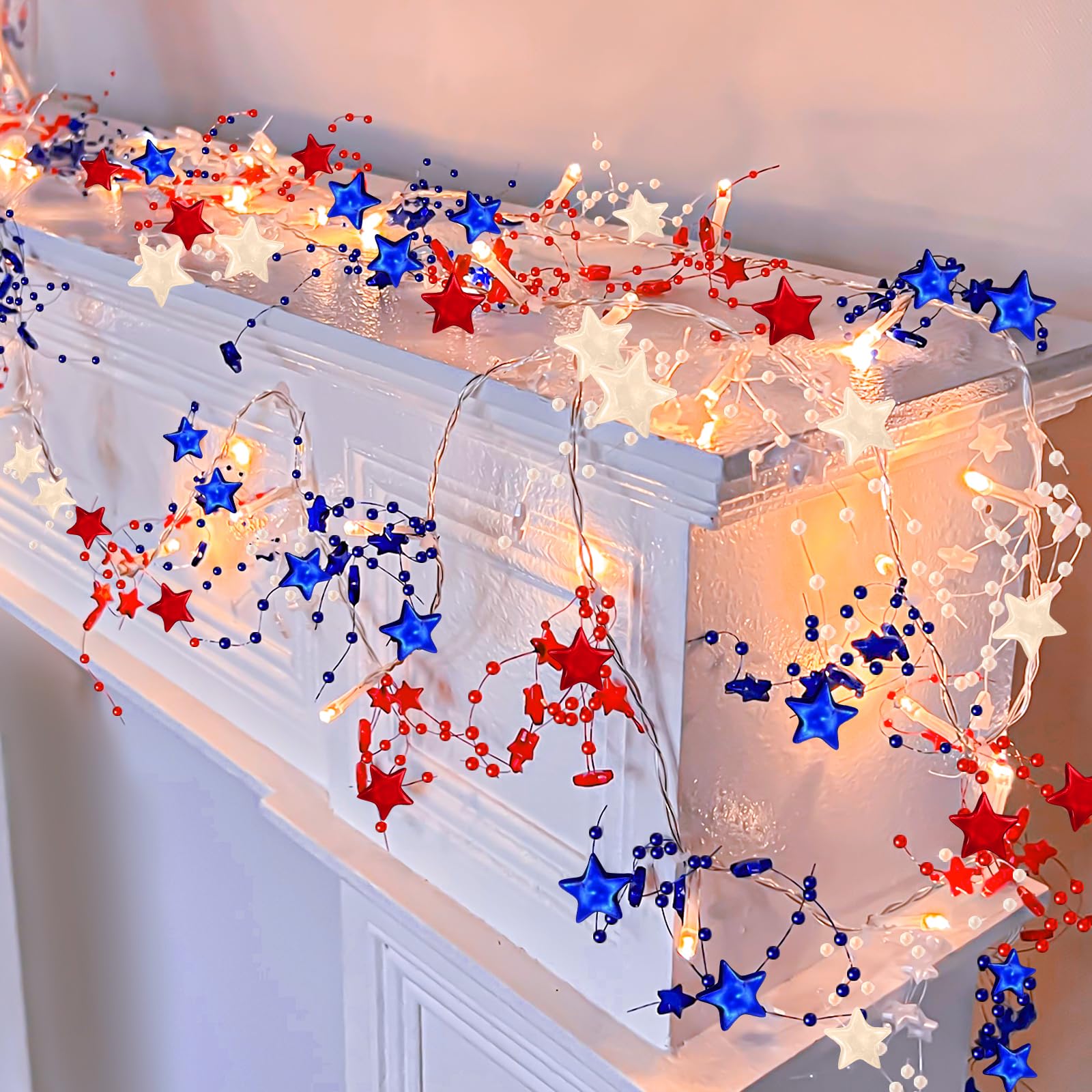 Photo 1 of [Timer] 2 Pack 4th of July Decorations 250th Anniversary Red White and Blue Lights, Fourth of July Garland Total 13Ft 40LED Beads Stars Patriotic Lights Battery Operated for Home Bedroom Decor