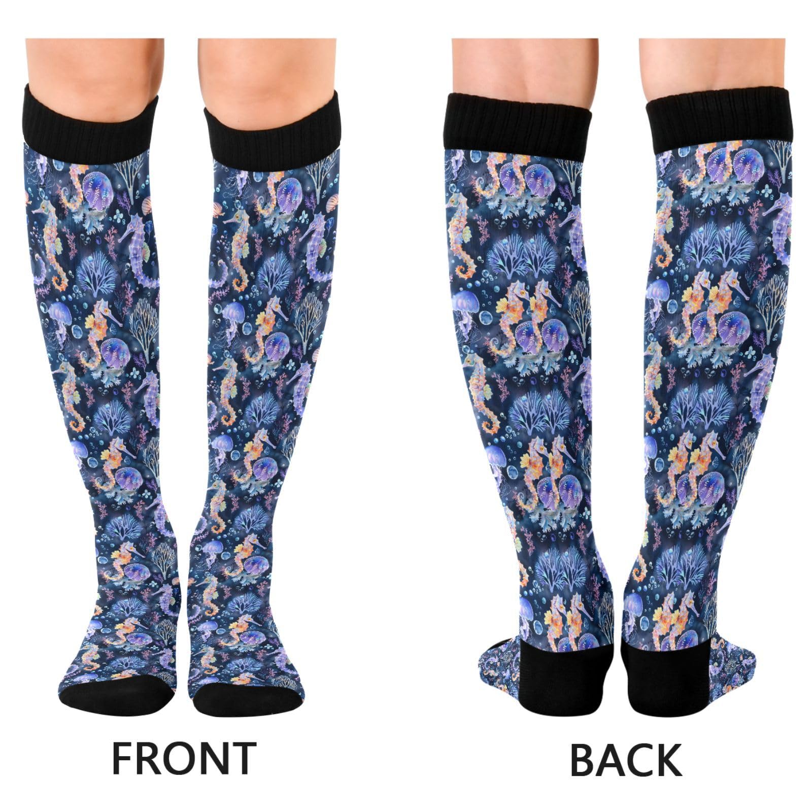 ALAZA Seahorse Jellyfish Seashell Compression Socks for Women Men Circulation Long Socks Running Athletic Cycling 1 pair