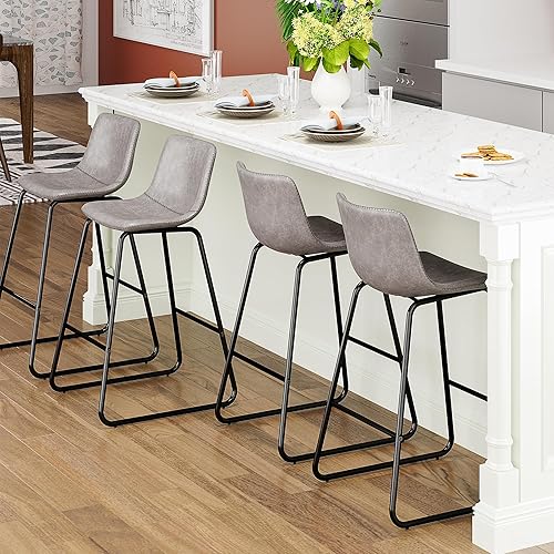 Miniatura 51 de Juego de 3 taburetes de bar de 26 pulgadas, modernos taburetes de bar de altura de barra, taburetes de bar de cuero sintético con respaldo y patas