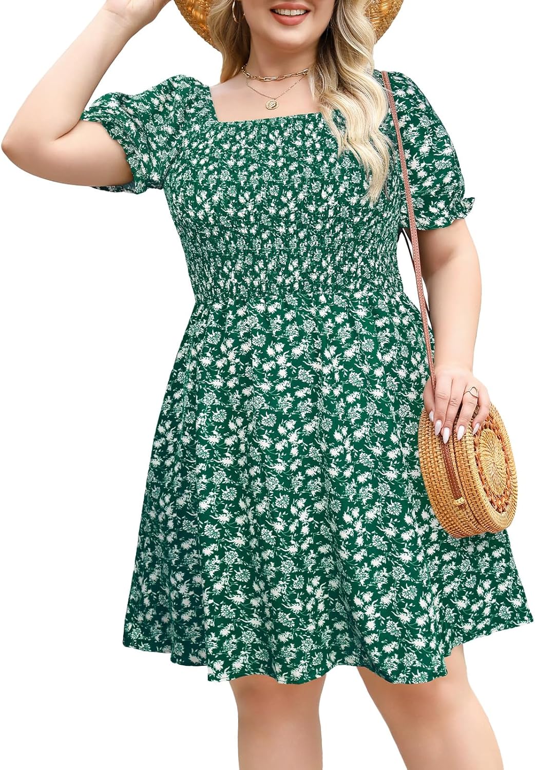 Plus Size Casual Summer Dresses for Curvy Women Smocked Lightweight Woven Midi A-line Sun Dress with Pockets