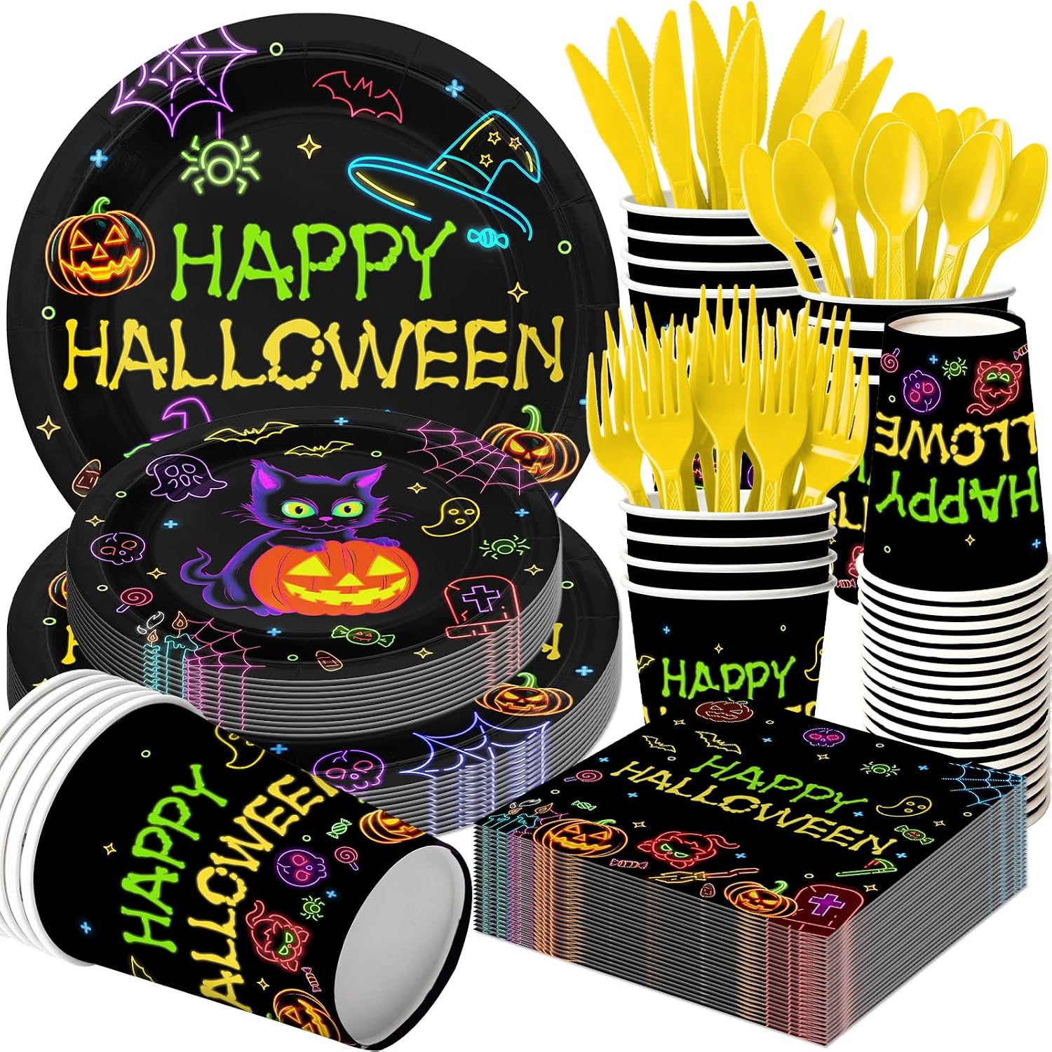 168pcs Halloween Plates and Napkins Neon Cat Pumpkin Tableware Disposable