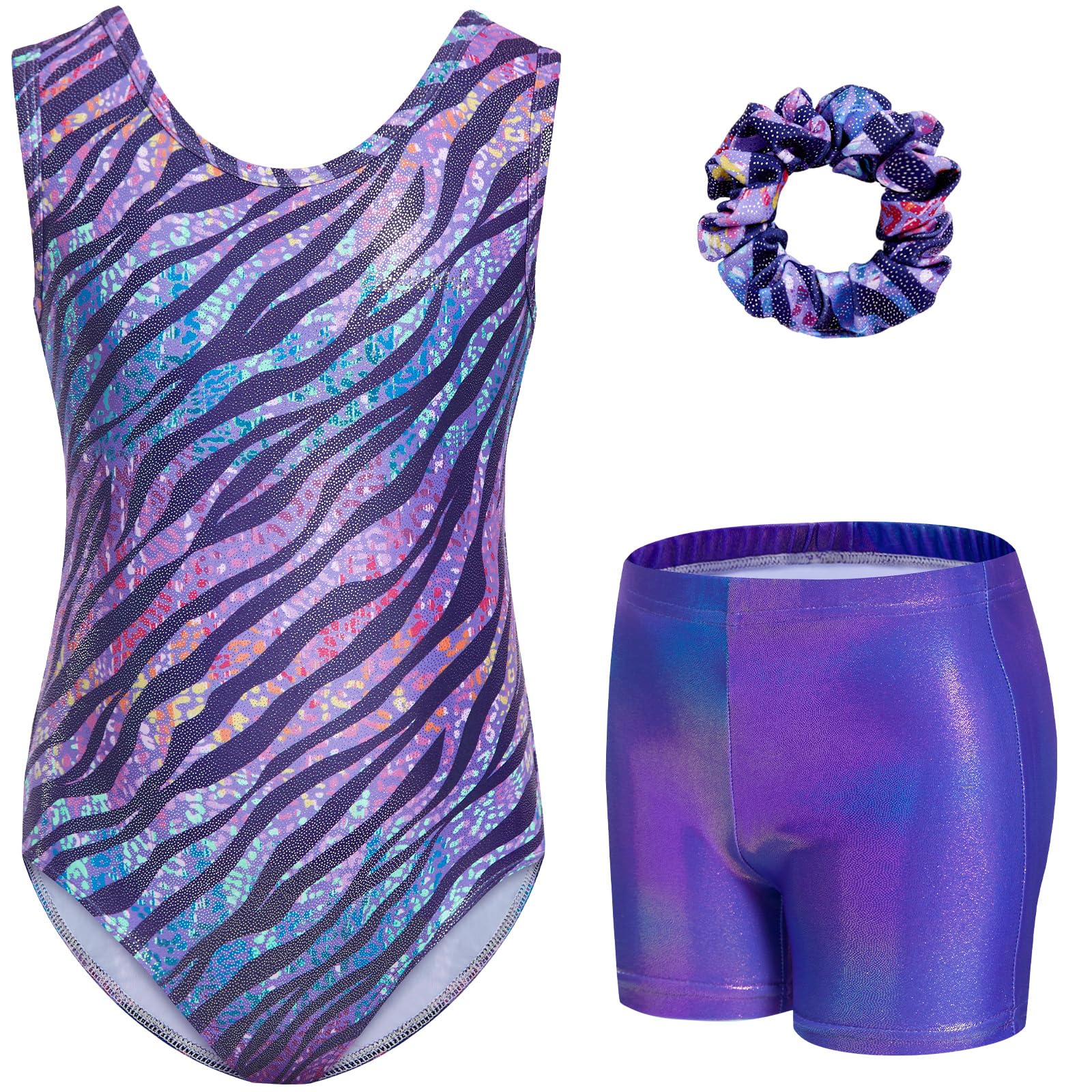 Gogokids Conjunto de gimnasia de tres piezas para niña, cuello en Y, sin mangas, con pantalones cortos y diadema, traje de gimnasia con diseño de bloques de color azul y morado, 3-12 años — view 24