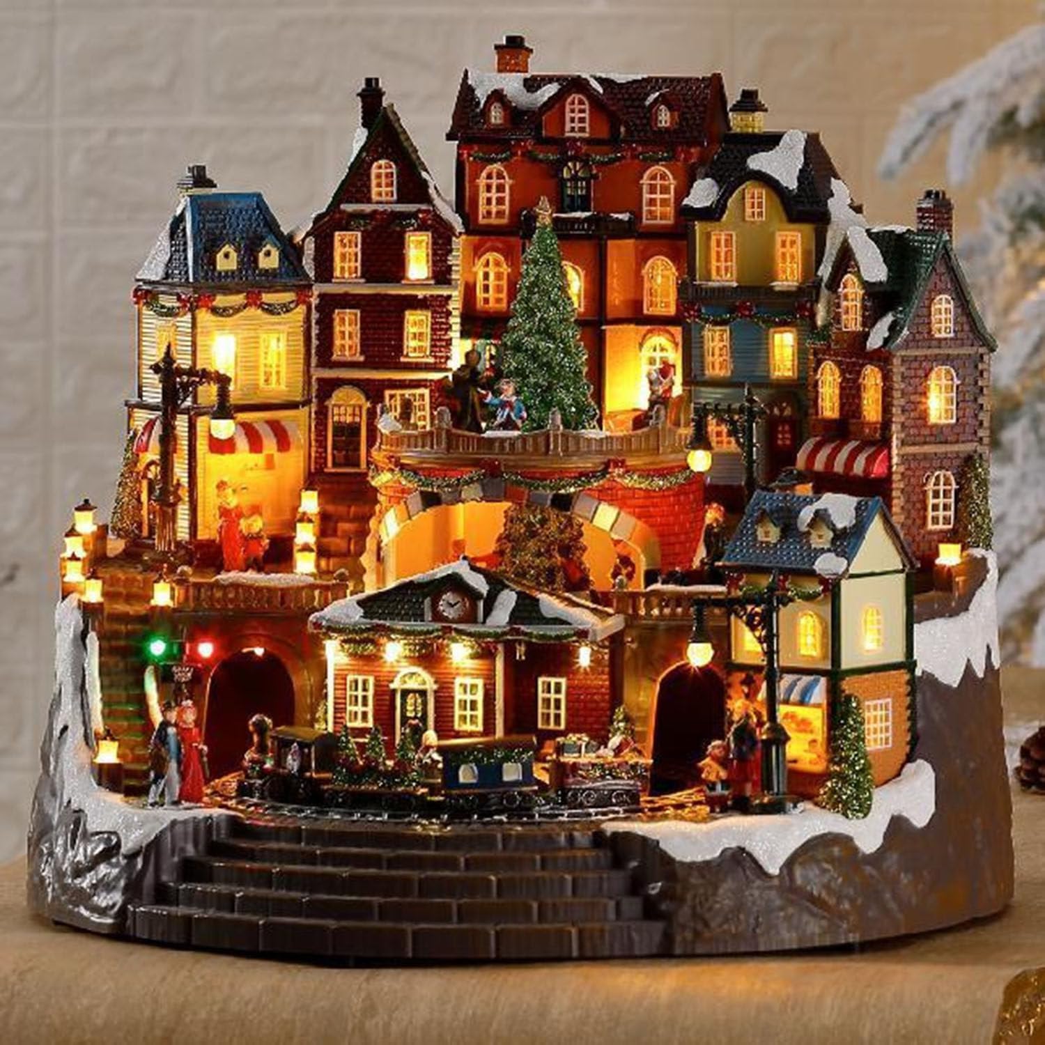 Christmas Village Houses Collectible Buildings, Moving Train Around The Village with Family with Warm Light Musical Christmas Ornaments for Christmas Holiday Decorations