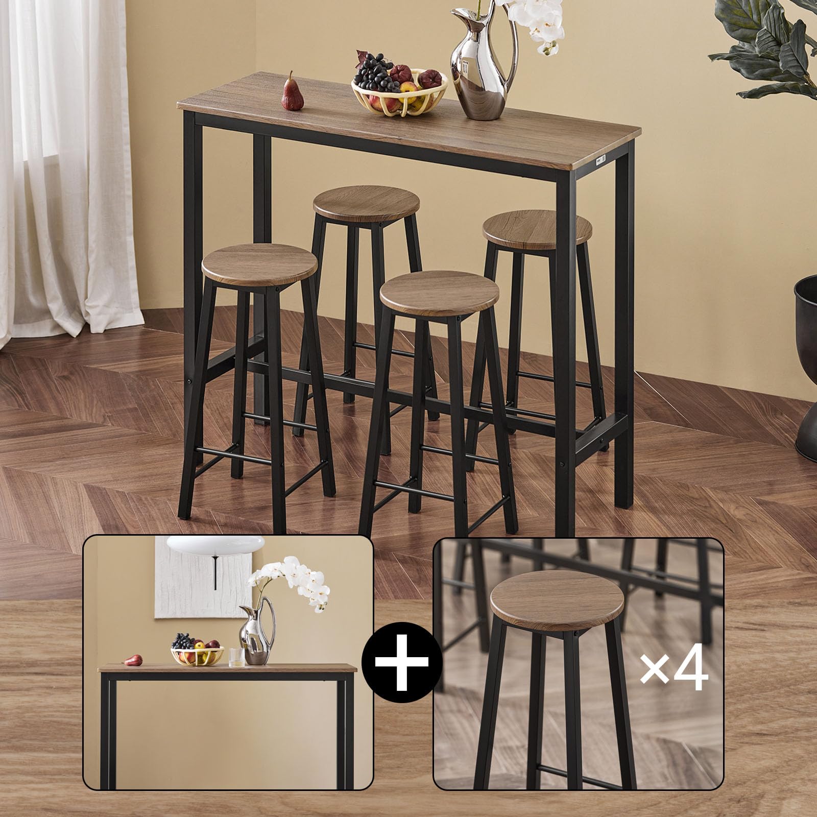 SoBuy Set Tavolo da Bar Alto con 4 Sgabelli - Tavolo Salvaspazio per Cucina Piccola e Balcone, Stile Industriale Moderno - Tavolino Alto da Esterno per Giardino o Terrazzo Nero OGT22-SCH