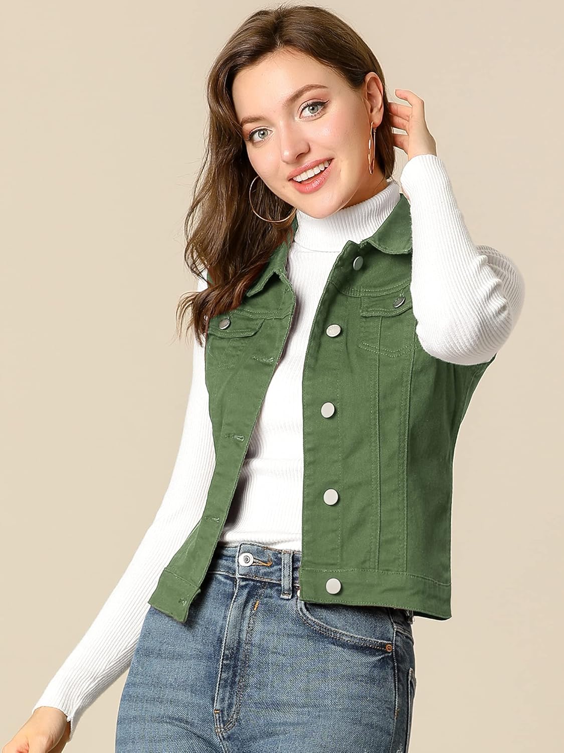 Allegra K Women's Buttoned Washed Denim Vest Jacket W Chest Flap Pockets - Image 2