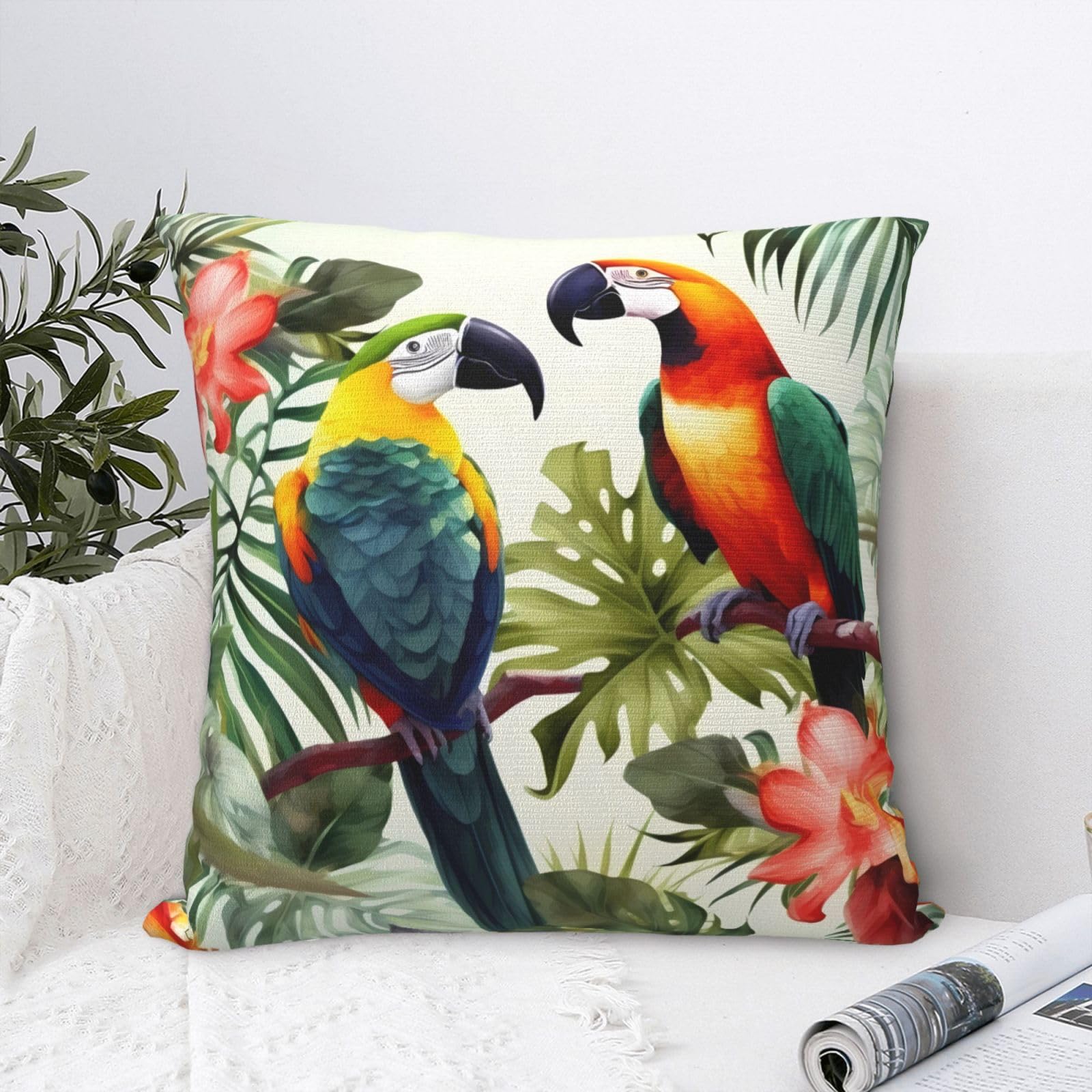 FodPand Luxury Velvet Throw Pillow Covers 24"x24" Super Soft Decorative Pillow Cases - Toucans Parrot Palm Tree Leaves Pillowcases Modern Lumbar Cushion Cases for Couch Sofa Bed Pillow Shams