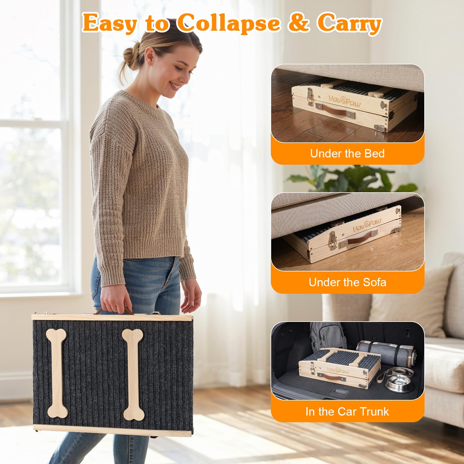 VavoPaw Hunderampe für Sofa und niedrige Möbel, Rampe für Kleine Hunde bis 15 kg, 7 Einstellbar Höhe von 2,4"-18,5" mit rutschfest Matte, Tragbar Hundetreppe für Sofa Couch Treppe