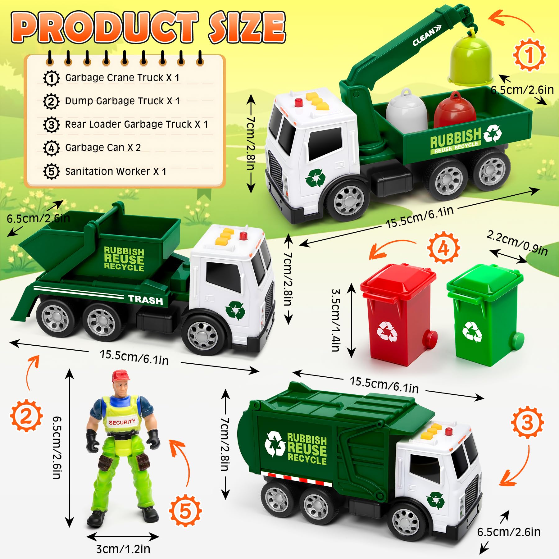 BunnyJOY Camión de Basura Juguete para Niños, Camiones de Juguete Set de 3 Vehículos con Luz y Sonido, Camión Reciclaje, Camión Grúa y Volquete, Juegos de rol, Regalo para Niños 3+ Años, Verde — view 7