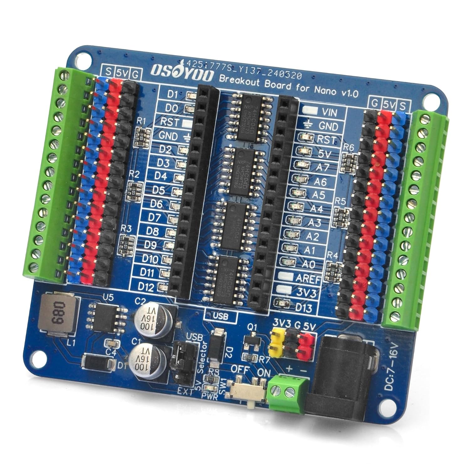 OSOYOO Carte de dérivation Nano IO Shield avec LED d'état GPIO, Support d'extension de Terminal pour Arduino Nano