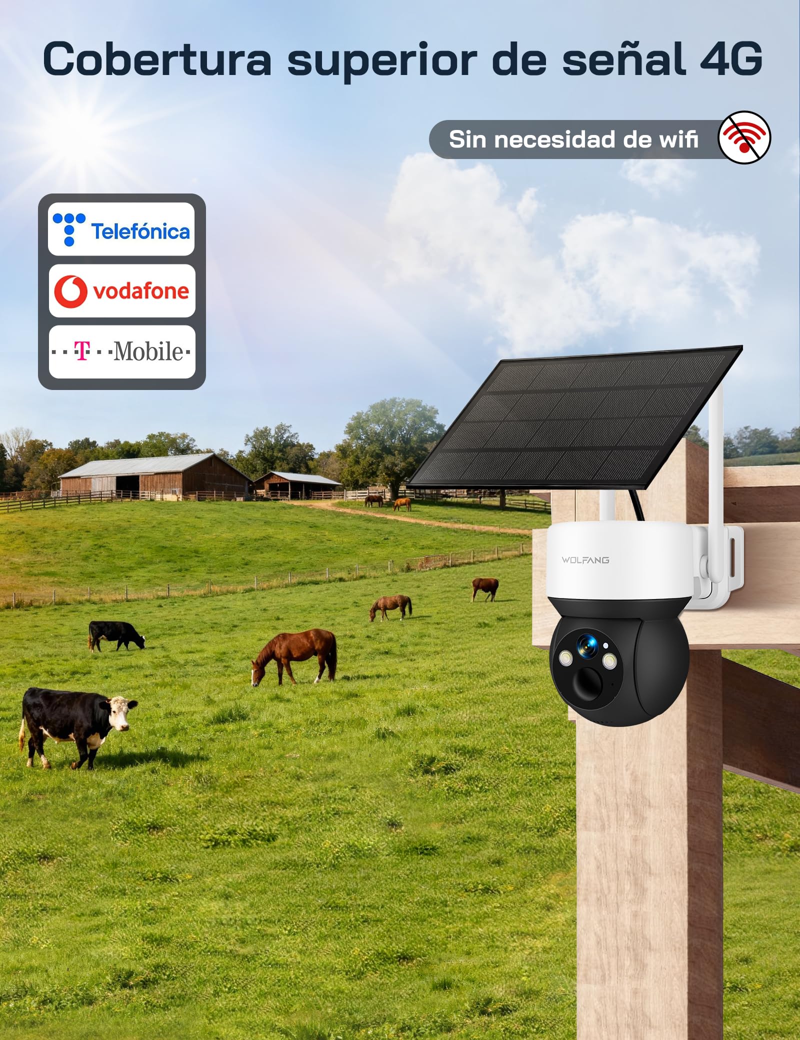 WOLFANG Cámara Vigilancia Exterior Solar 4G con Tarjeta SIM, Cámara De Vigilancia Exterior, 2K HD, Visión Nocturna con Foco, Audio Bidireccional, Movimiento PIR, Grabación Local, Tarjeta microSD 32 GB