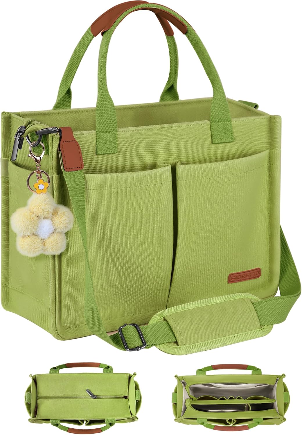 FIORETTO Womens Canvas Tote Bag Purse with Individual Compartment, Zipper Top, Reinforced Bottom & Luggage Sleeve