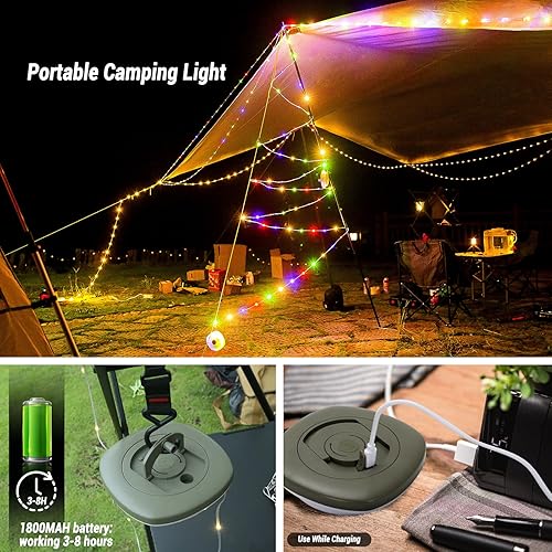 Miniatura 6 de CIWIC Luz de campamento, 5 modos de iluminación, longitud de 32.8 pies, luces coloridas para exteriores, tira LED retráctil, impermeable,