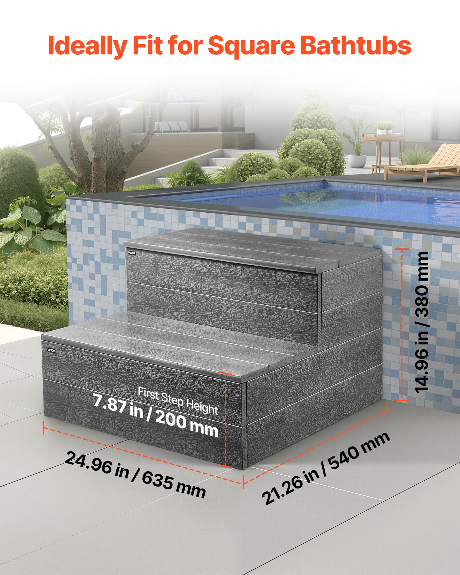 VEVOR Scala per Vasca Idromassaggio, a 2 Gradini, Scala per Piscina Gonfiabile Fuori Terra in HIPS, Larga 635 mm, Carico 272,2 kg, per Veranda, Patio, Terrazza, Camper, Grigio Grafite