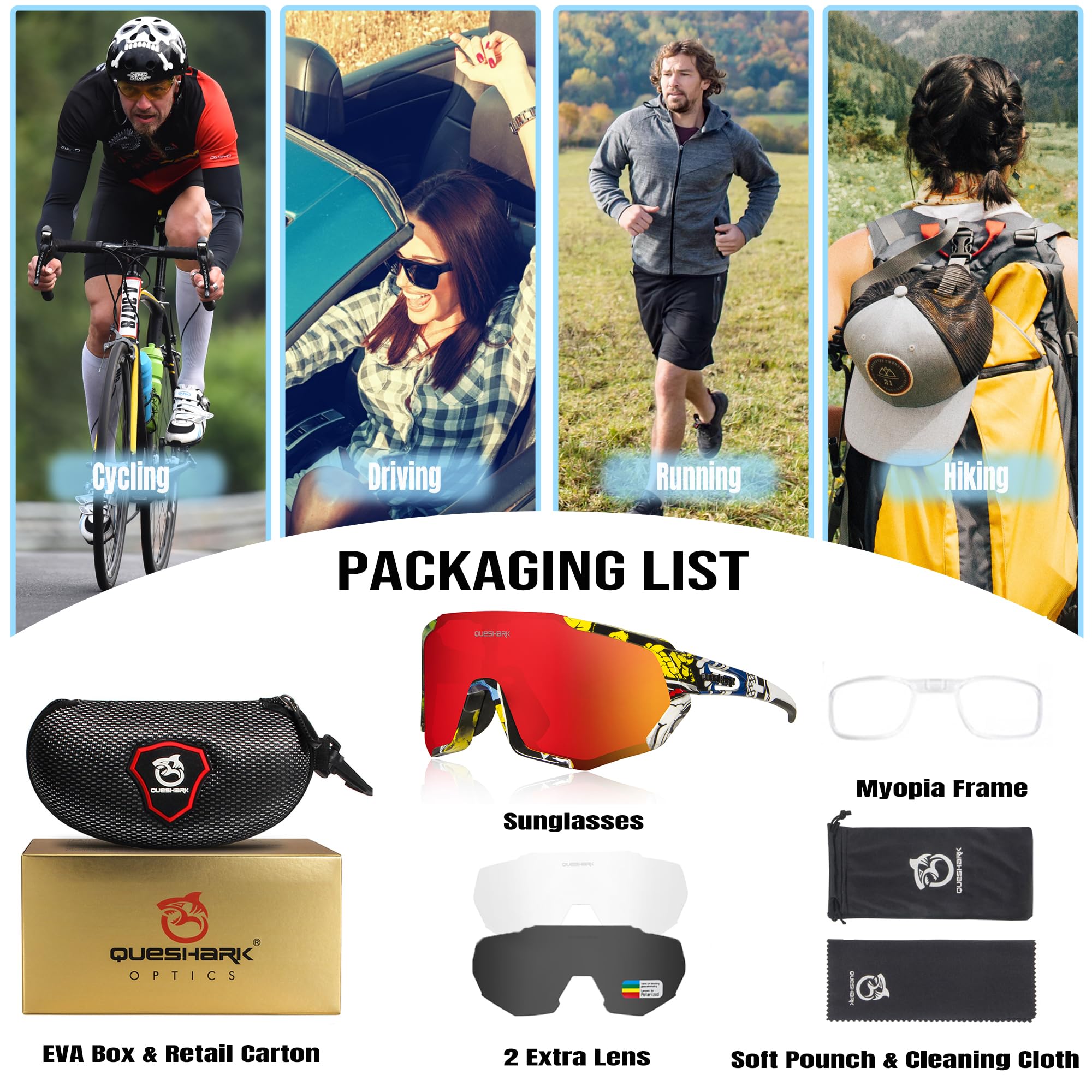 Queshark Occhiali da Ciclismo Polarizzati per Ccchiali TR90 con Montatura per Uomo Donna con 3 Lenti Intercambiabili Anti-UV400