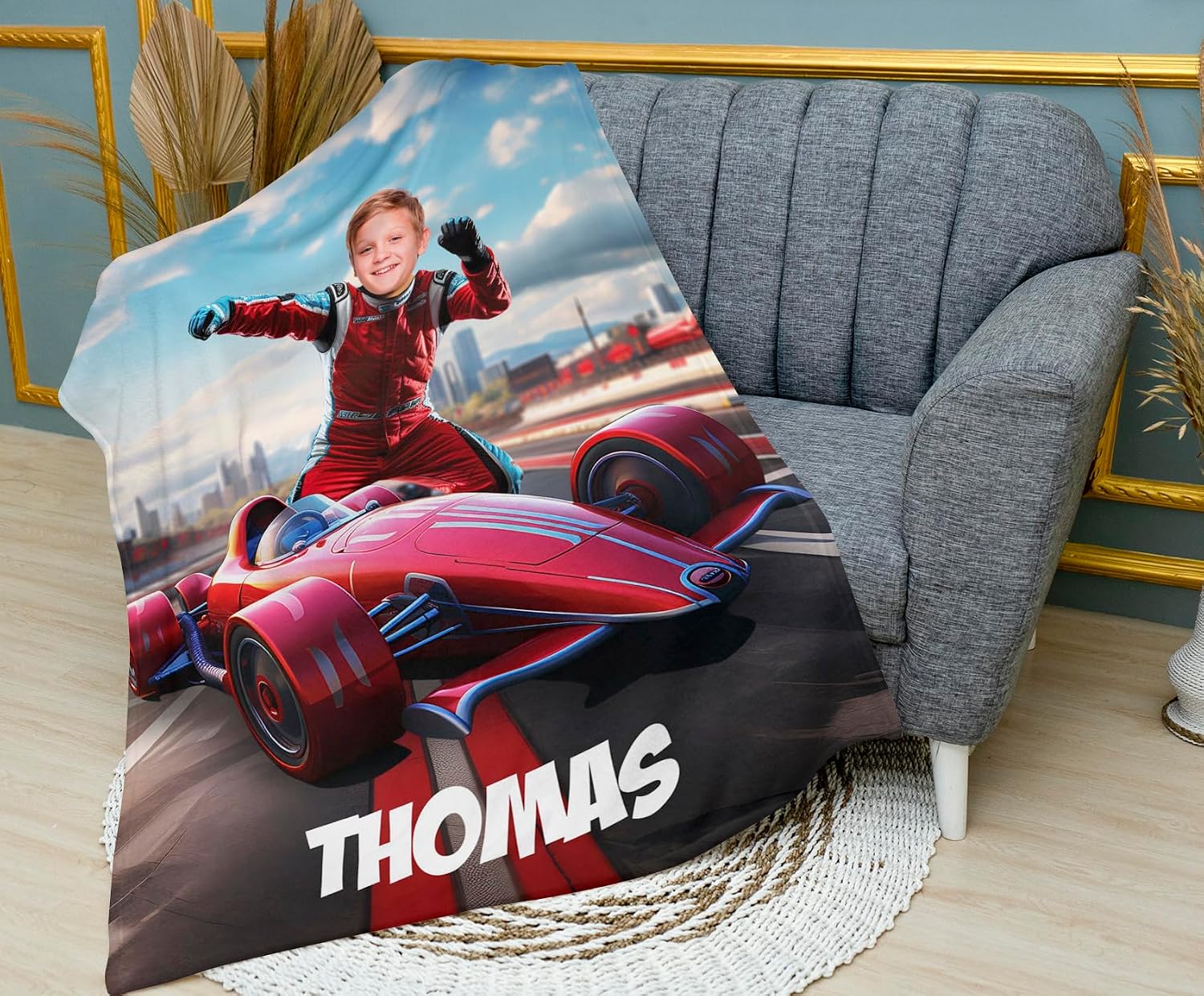 Custom Blanket with Picture, Personalized Gifts for Boys, Car Racing Photo Blanket 30 x 40, Custom Photo Gifts for Son Nephew Grandson Brother, Minky Sherpa Soft Throw for Birthday Christmas KC64