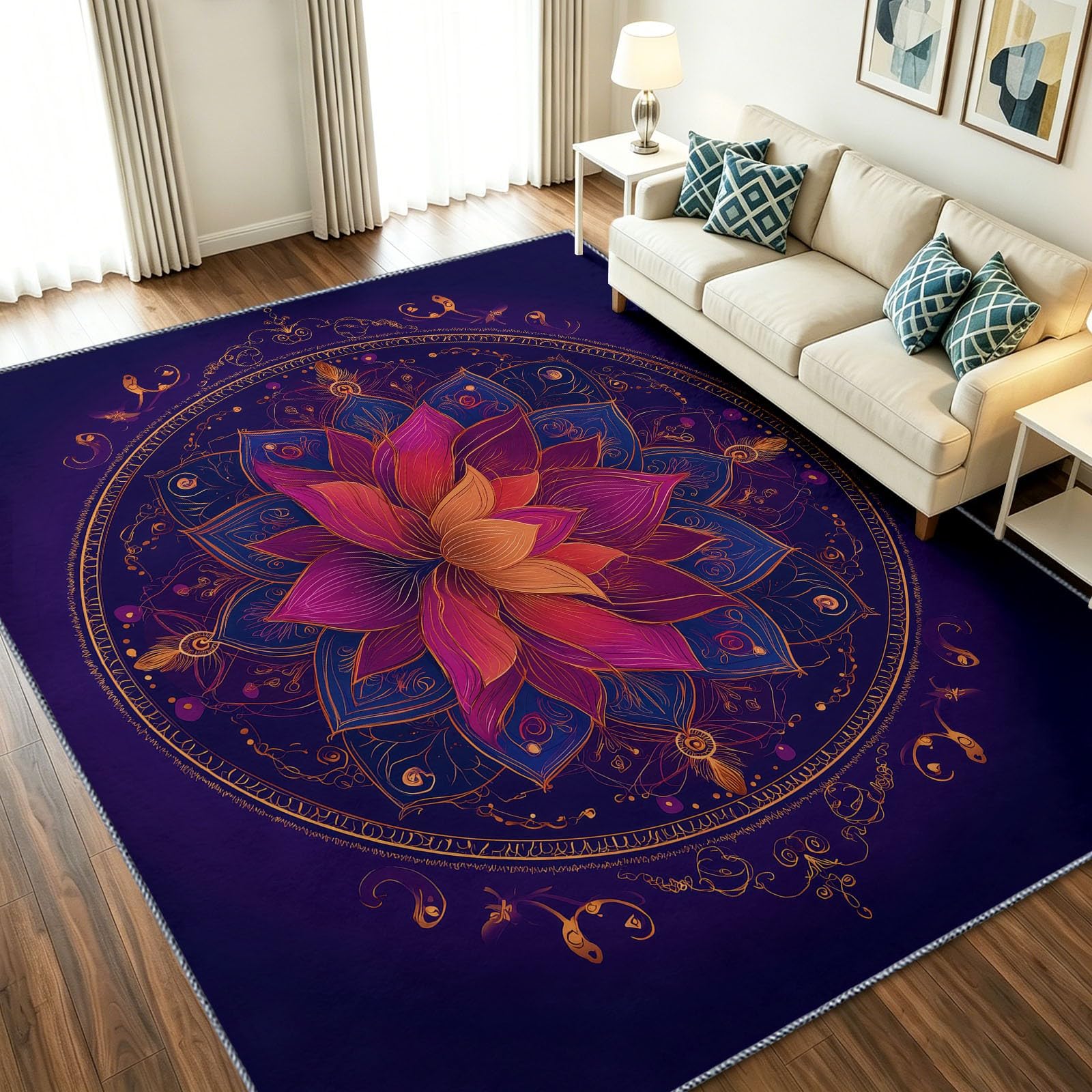 Alfombra bohemia moderna 80x150 cm Mandala Lotus de pelo corto