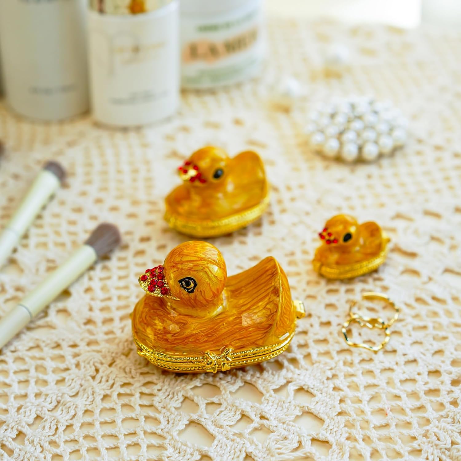 YU FENG Family Duck Trinket Boxes Hinged Collectible Painted Enameled Jeweled Duck Figurine Animal Jewelry Ring Holder Box - Image 5