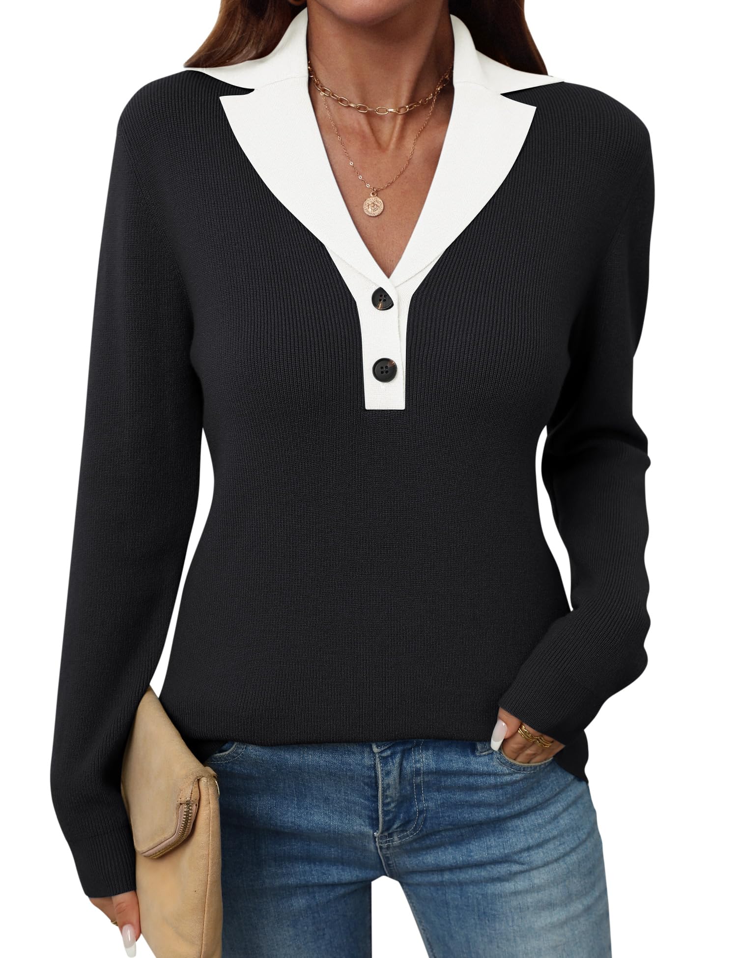 LOMON Sweaters for Women 2025 Fall Knitted V-Neck Collared Button Pullover Dressy Casual Long Sleeve Polo Shirts Business