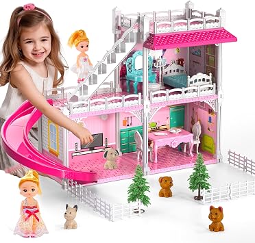 Doloowee DIY Dollshouse for Girls 4-8 - 2-Story House with 3 Themed Rooms, 2 Dolls, 4 Dogs, Slide & Yard - Dolls House Toys for Imaginative Play