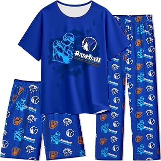 Boys Pajamas 3 Piece Set Big Boys Pjs Soft Short Sleeves, Shorts and Pants Kids Sleepwear Loungewear Size 8-14