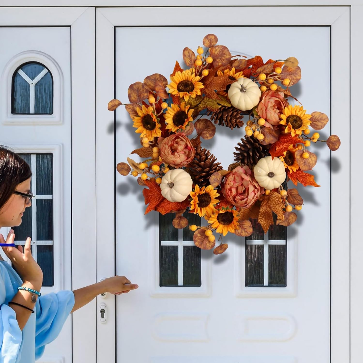 Artificial Fall Autumn Wreath 22 in with Sunflower,Peony,Pumpkin, Eucalyptus Leaf for Front Door Thanksgiving Wreaths Wall Window Harvest Festival Celebration