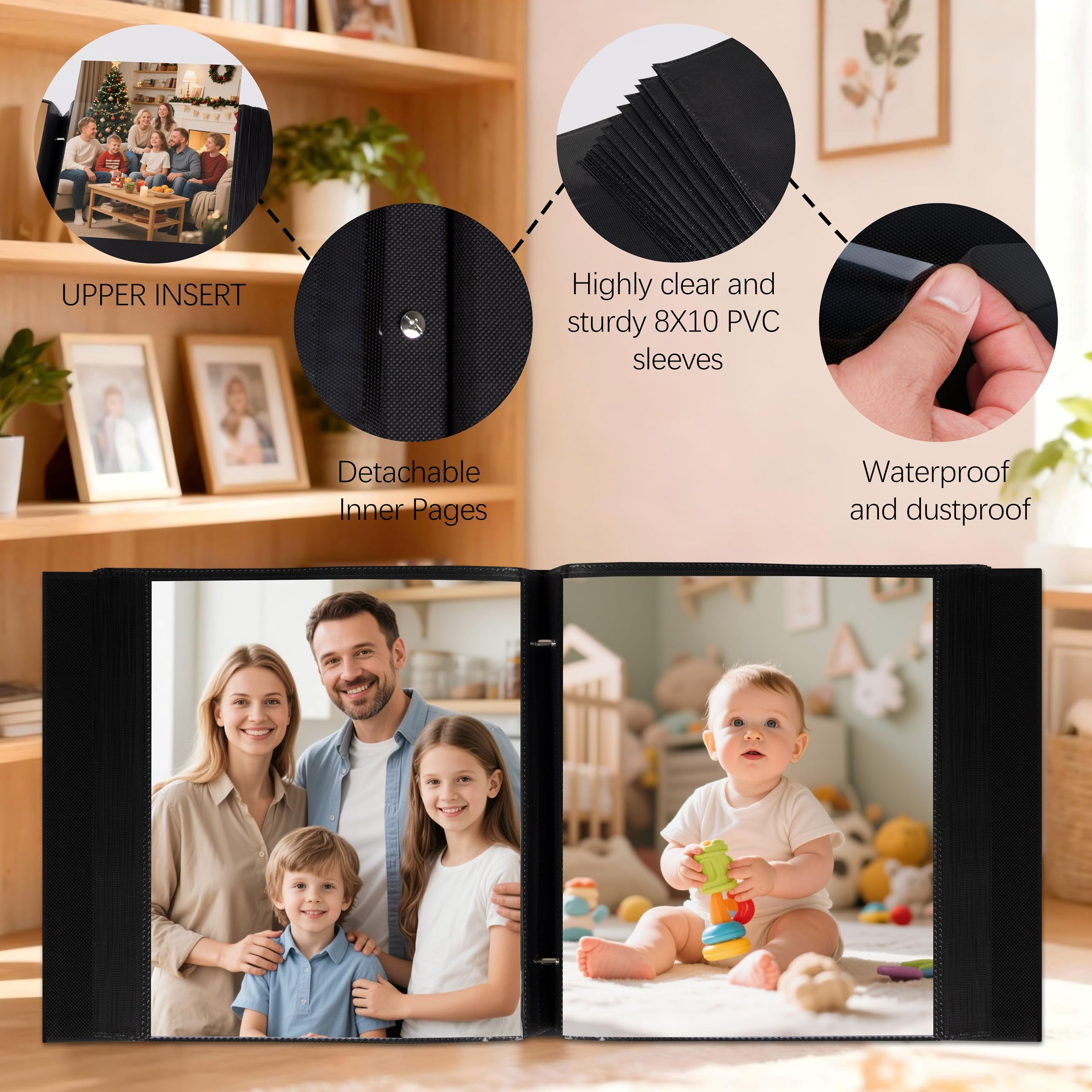 Álbum de fotos, álbum de fotos, gran capacidad, cubierta de piel, álbum de fotos para bodas, bebés, álbum de fotos para fotos, álbum de fotos con páginas interiores negras (negro) (4 unidades)