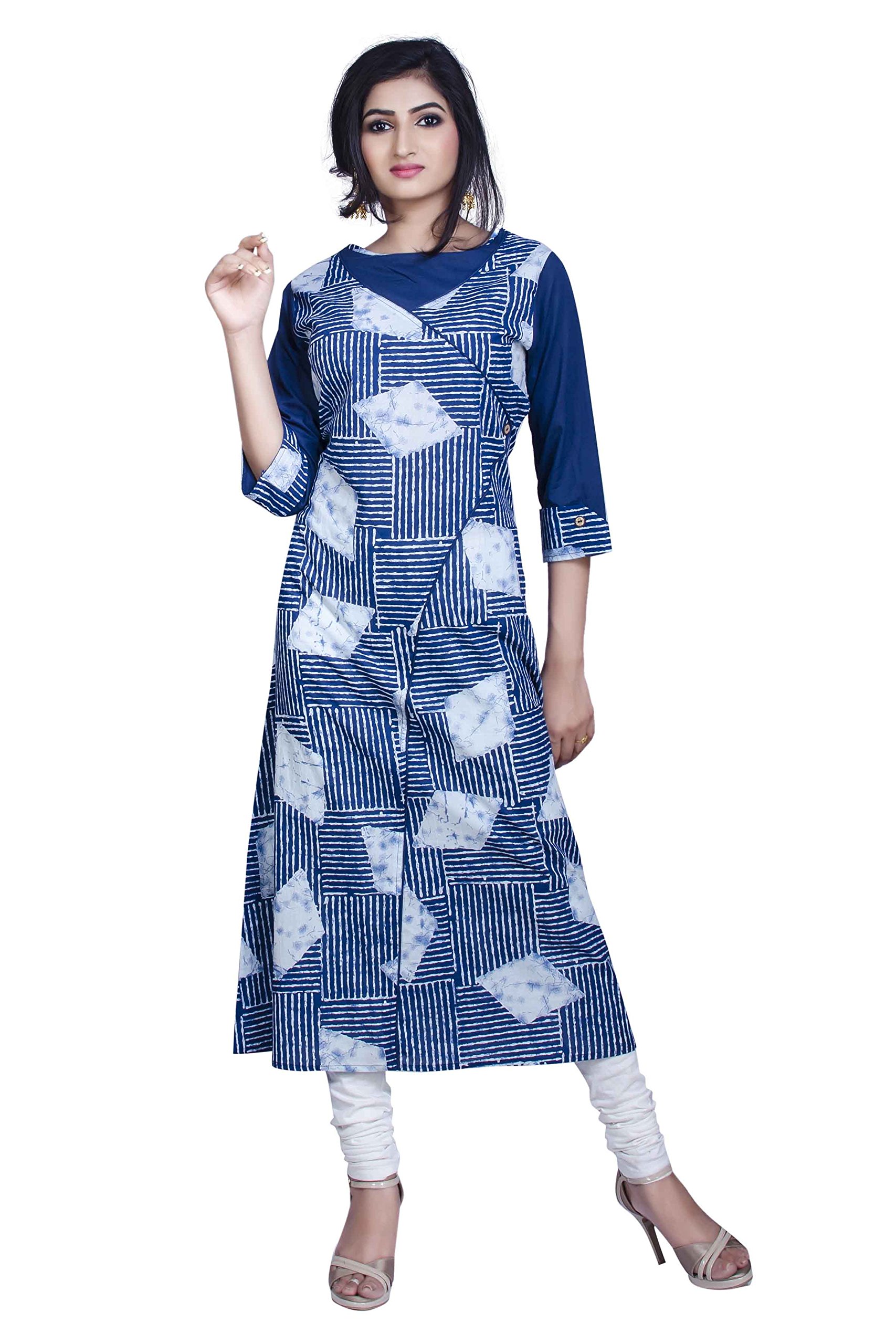 de global citizenBlue Colour Cotton Stitched A-Line Kurti With Geometric Print For Women By de global citizen