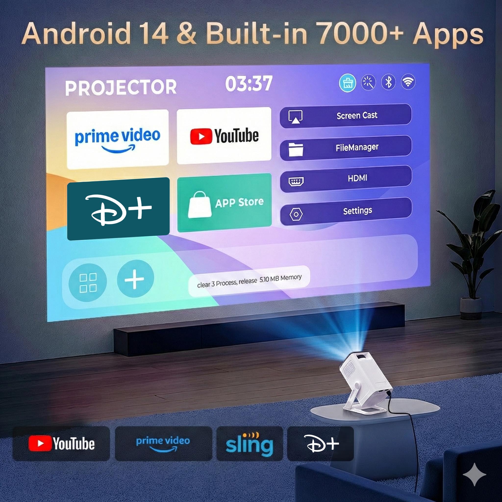 Mini Portable Vidéoprojecteur Compatible 4K, Video Projecteur Contrôle App | Android 14 Smart Rétroprojecteur, Auto Keystone Courte Focale Projecteur WiFi6&Bluetooth5.4 Compatibile avec HDMI/USB, Blanc