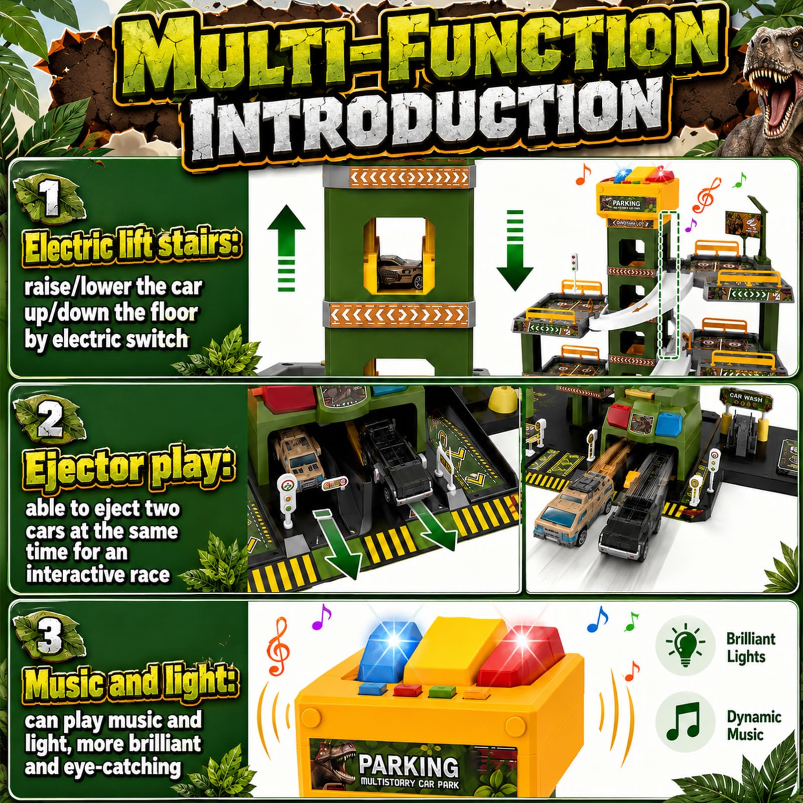 5 Stockwerke Parkgarage für Kinder, Dinosaurier-Thema Spielzeug Parkhaus mit 12 Autos und 1 Hubschrauber für Kinder, Parkhaus mit Aufzug, Geschenke für 3-9 Jahren