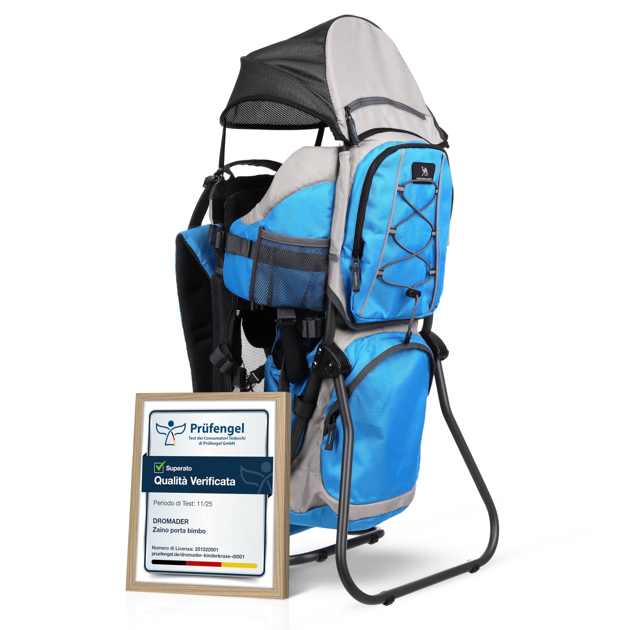DROMADER Zaino Porta Bambino Montagna - Zaino Porta Bimbo fino a 22kg con Parasole, Parapioggia, Tasca Isolante, Materassino Fasciatoio - Telaio Pieghevole con Una Mano - Blu