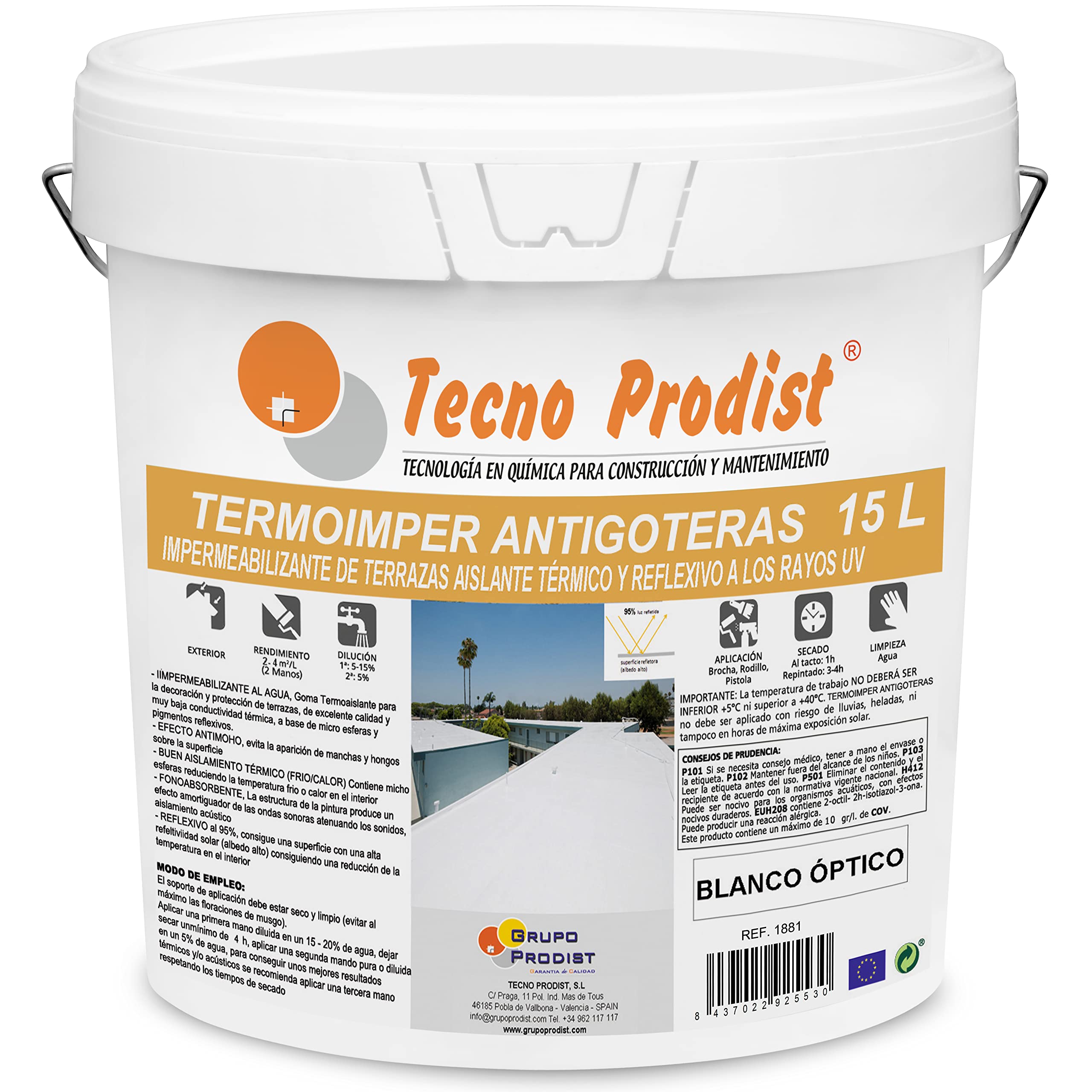 TERMOIMPER ANTIGOTERAS de TECNO PRODIST (15 L) Impermeabilizante muy elástico, aislante térmico y reflexivo a los rayos UV, durabilidad y resistencia al paso del tiempo(a rodillo, brocha, pistola)