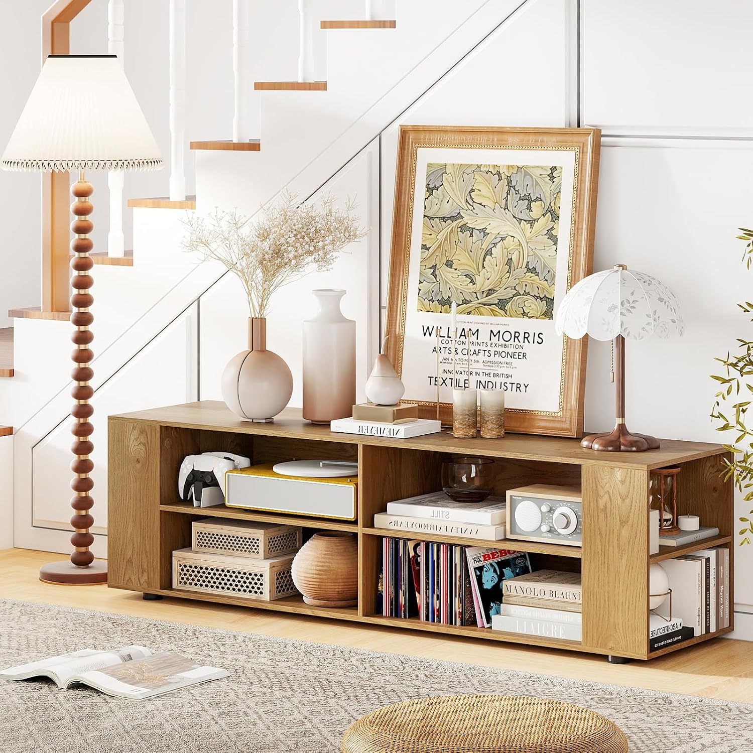 Gianetx Modern TV Stand for TVs up to 65 Inch, Wooden Entertainment Center w/ 4 Storage Cubbies, Side Shelves w/ 5 Raised Feet, Media TV Console Table for Living Room, Natural
