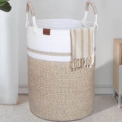 Miniatura 1 de JIGOBING Cesta de lavandería de cuerda tejida de algodón con asas, cesta de almacenamiento plegable para mantas, juguetes, ropa, contenedor grande