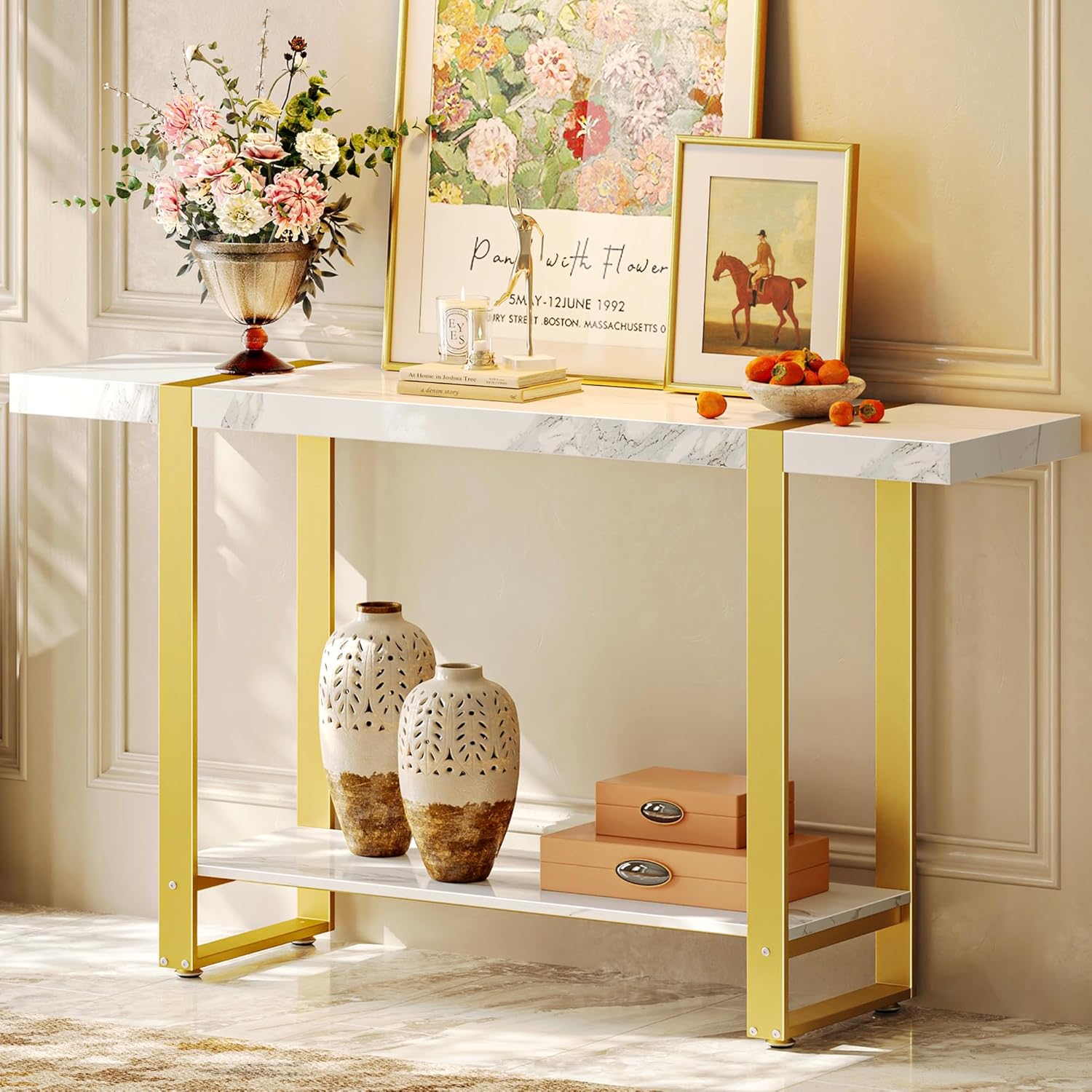 Huuger 47.2 Inch Entryway Table with Marble Top, 2-Tier Modern Console Sofa Table with Storage, Accent Table, for Entry, Hallway, Entrance, Foyer, T-Shaped Metal Frame, White Marble & Gold Marble Gold