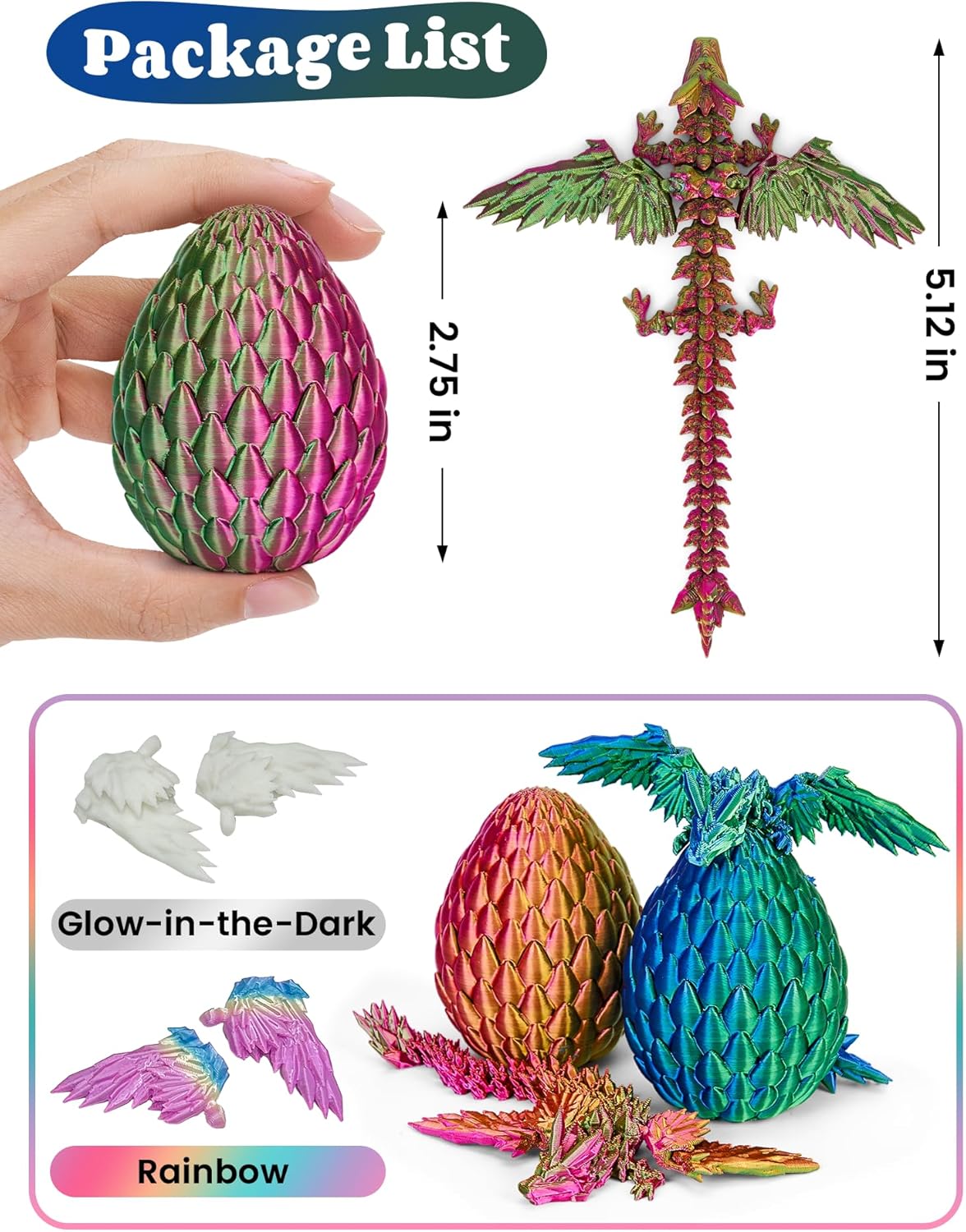 2 Pcs 3D Printed Dragon with Wings, 3D Dragon Egg Fidget Toy, 3D Printing Toys for Kids & Adults, Unique DExecutive Desk Toys for Home Office Decor (Purple & Green)