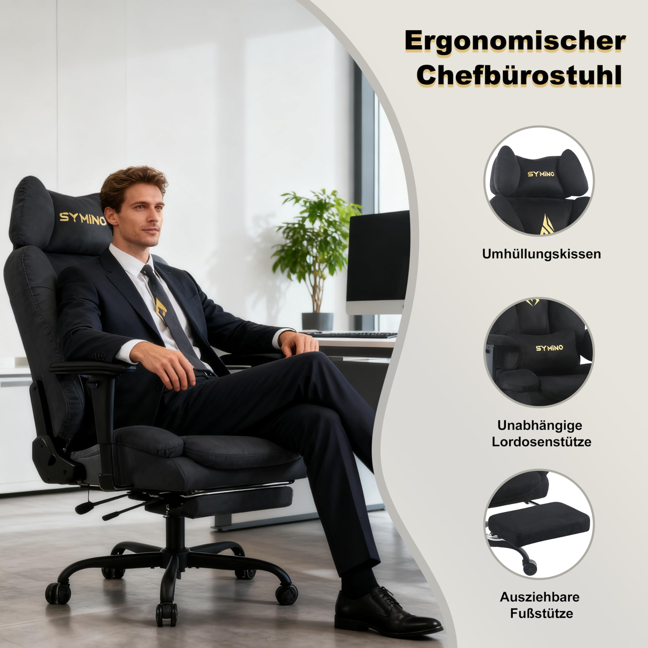 Symino Sofa-ähnliches Gaming Stuhl mit Umhüllendes Sitzerlebnis, Ergonomisch Chefsessel Bürostuhl, Wildlederimitat Schreibtischstuhl Höhenverstellbarer Office Chair Computerstuhl 130kg, Schwarz