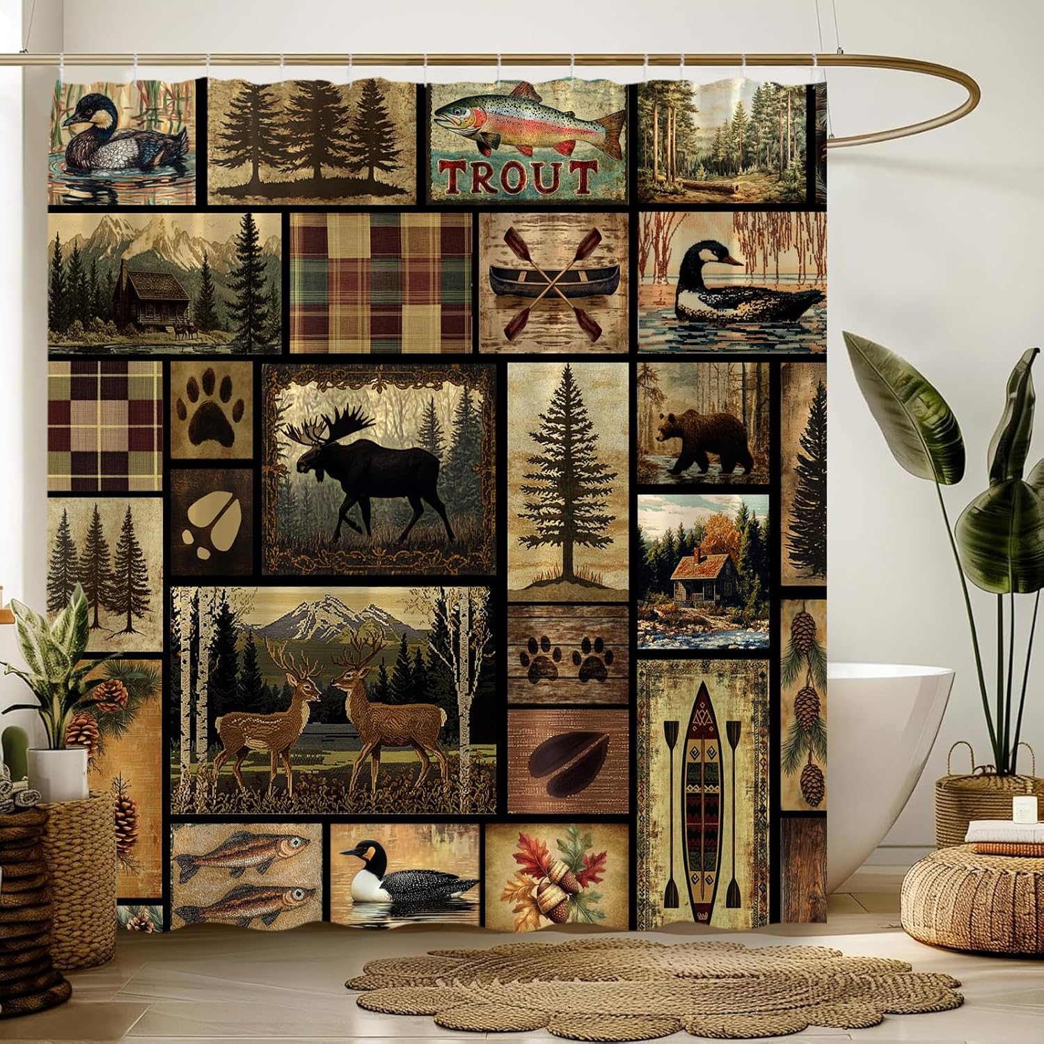 Rustic Cabin Shower Curtain Moose Deer Bear Pine Tree Farmhouse Wildlife Country Lodge Antique Vintage Hunting 180" Wx70 H Bathroom Decor Curtain with Hooks