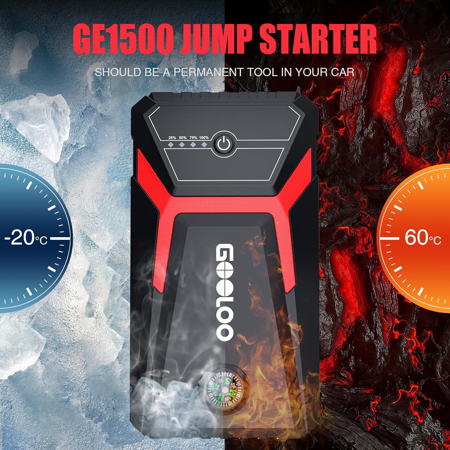GOOLOO GE1500 Jump Starter showing its operational temperature range from -20 degrees Celsius to 60 degrees Celsius.