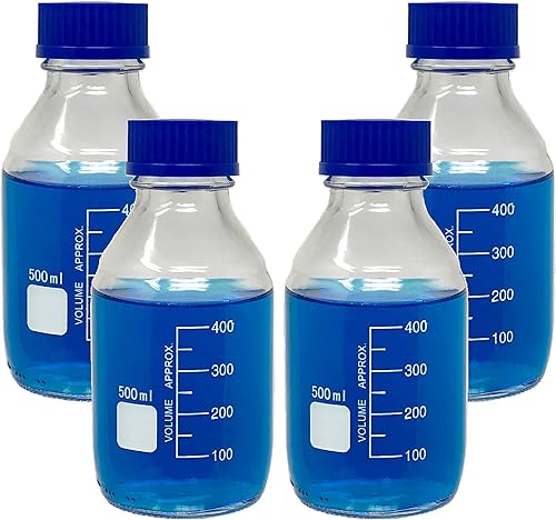 Karter Scientific Botellas redondas de vidrio de 16.9 fl oz con tapa de rosca GL45, vidrio de borosilicato, 251M9 (paquete de 4)