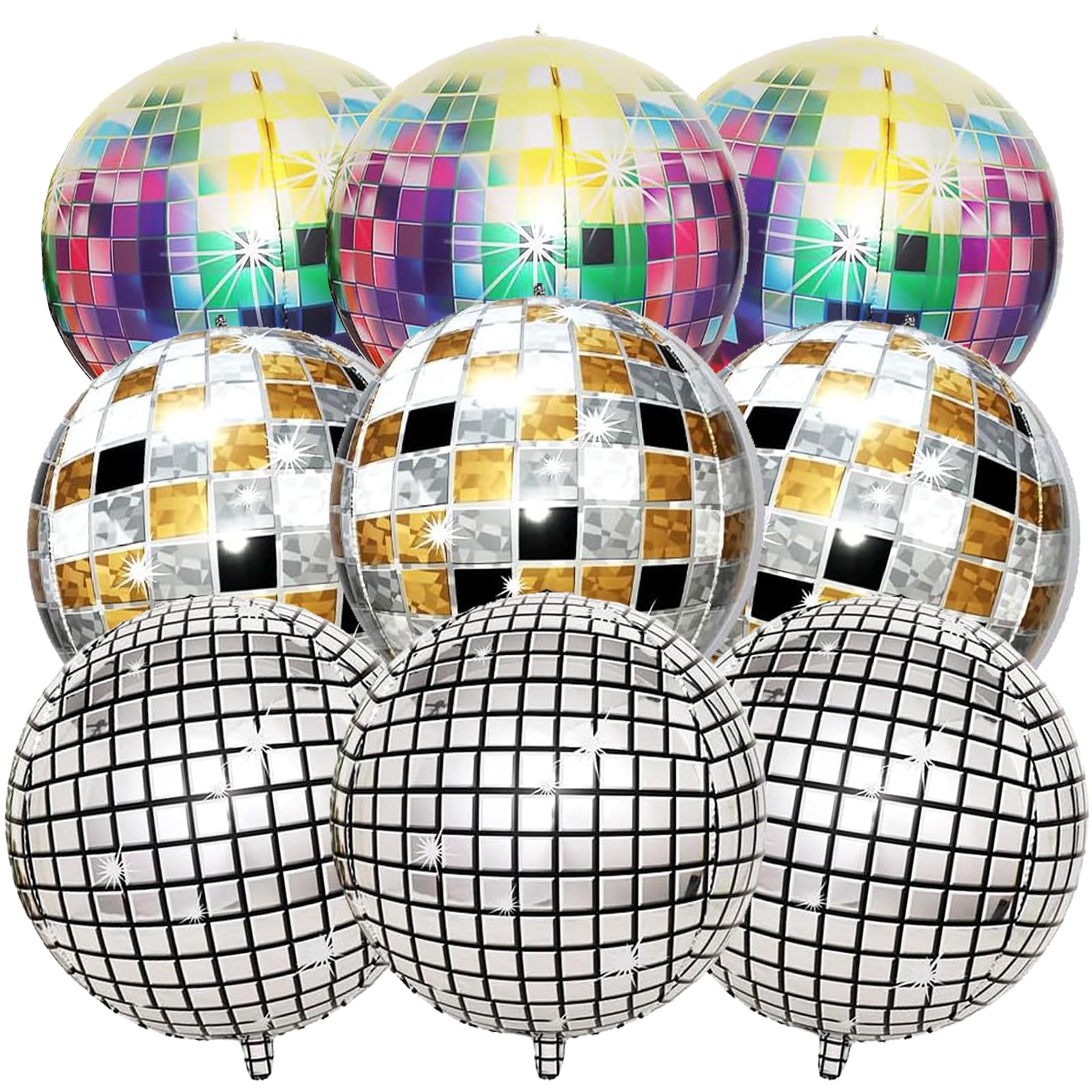 16 Palloncini Disco 4D In Alluminio - 10 Da 25cm, 4 Da 55cm, 2 Stelle - Decorazioni Feste Anni 70/80/90