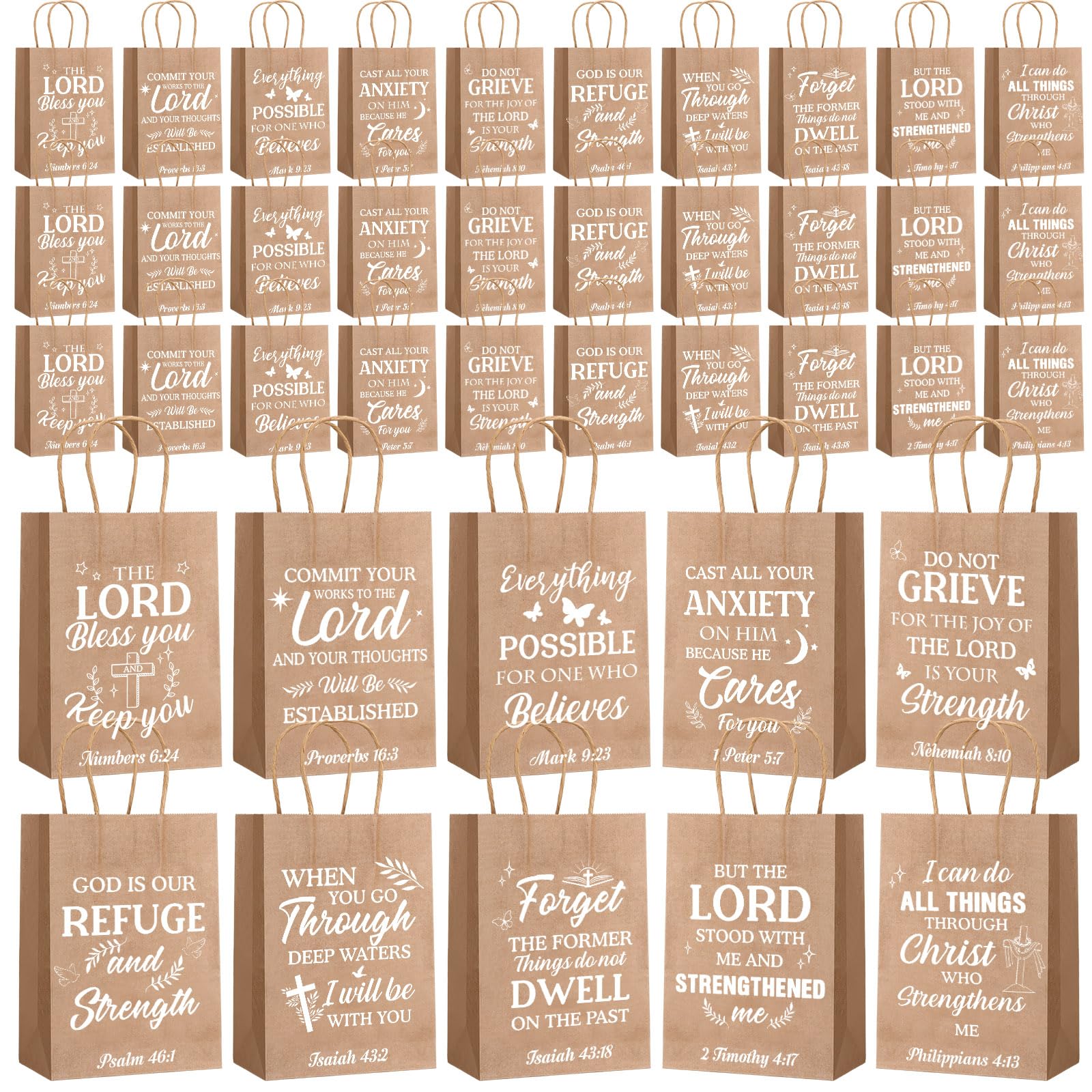 Chiisong 100 Pcs Christian Gift Bags, Fathers Day Religious Bible Verse Treat Bags with Handles Inspirational Church Scripture Bag for Women Wedding Baptism Birthday Party Favor(Kraft with White)
