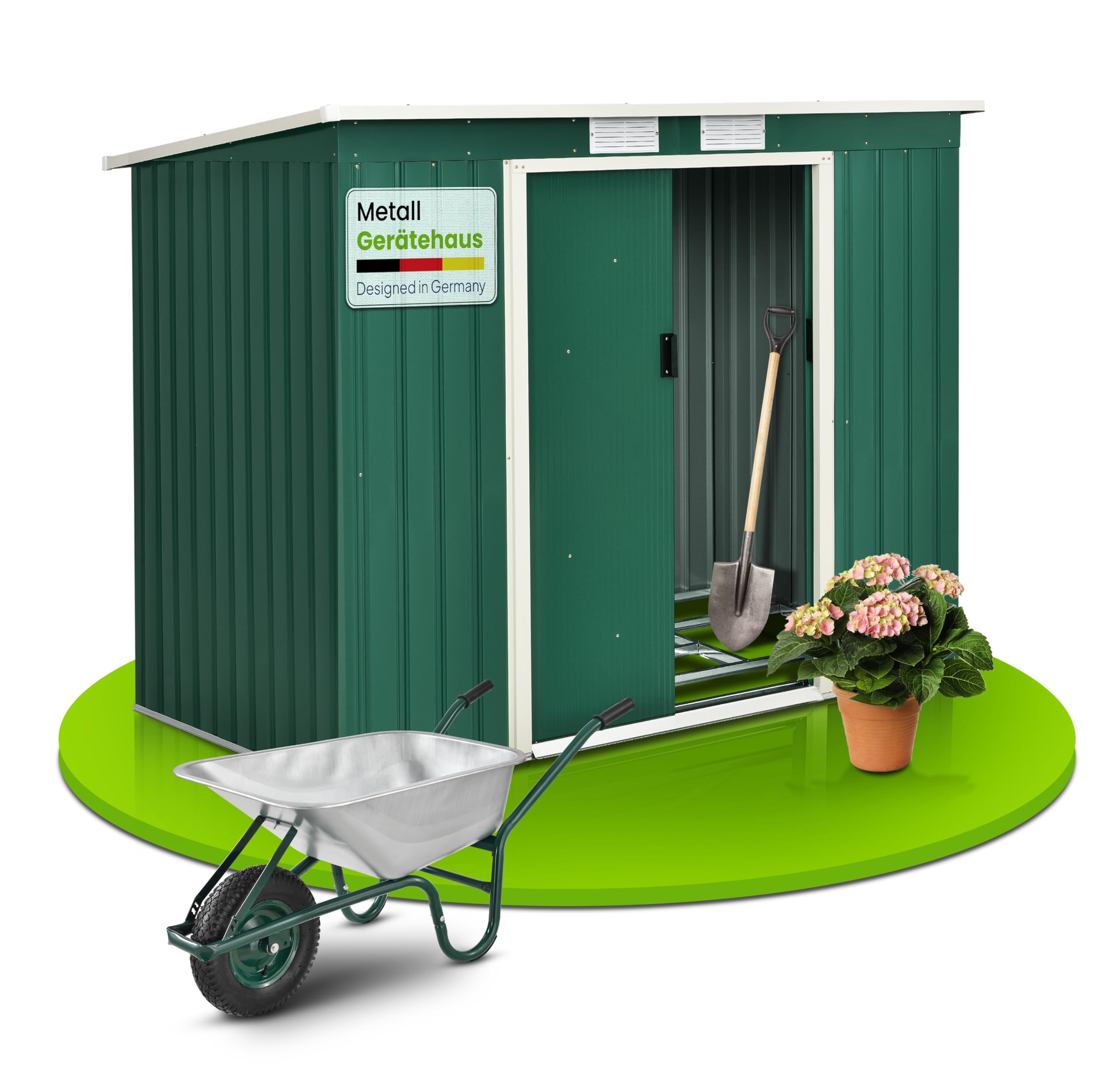 Juskys cobertizo de Metal M 4 m³ con tejado a un Agua, Puerta corredera y Bastidor de cimentación - 213 x 130 x 173 cm - Verde - Caseta para Herramientas de Acero cobertizo de jardín cobertizo