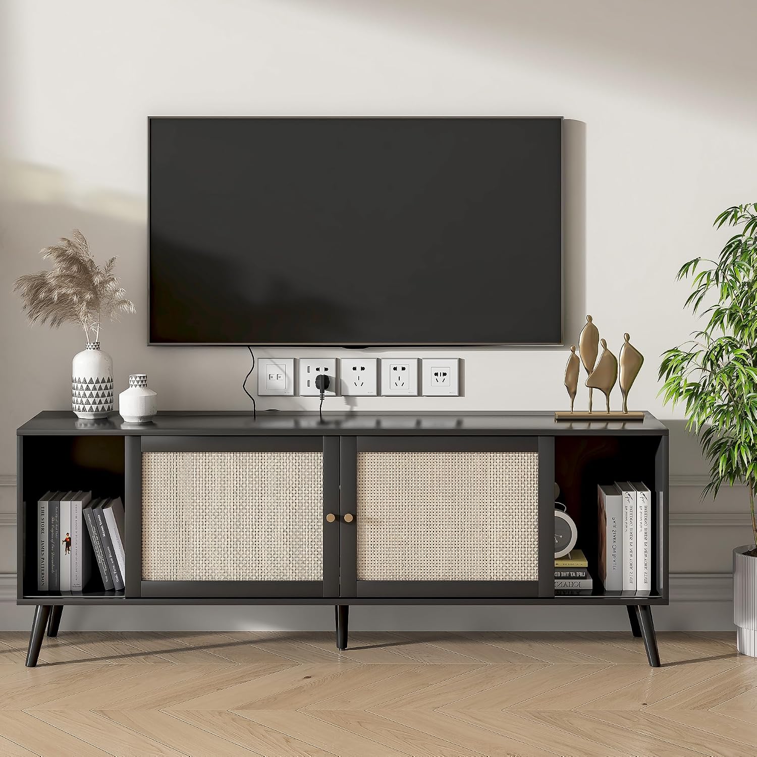 Rattan Modern TV Stand for Televisions up to 75 Inches, Mid Century Entertainment Center with Sliding Doors and Storage, Television Stands, TV Consoles, Media Consoles for Living Room