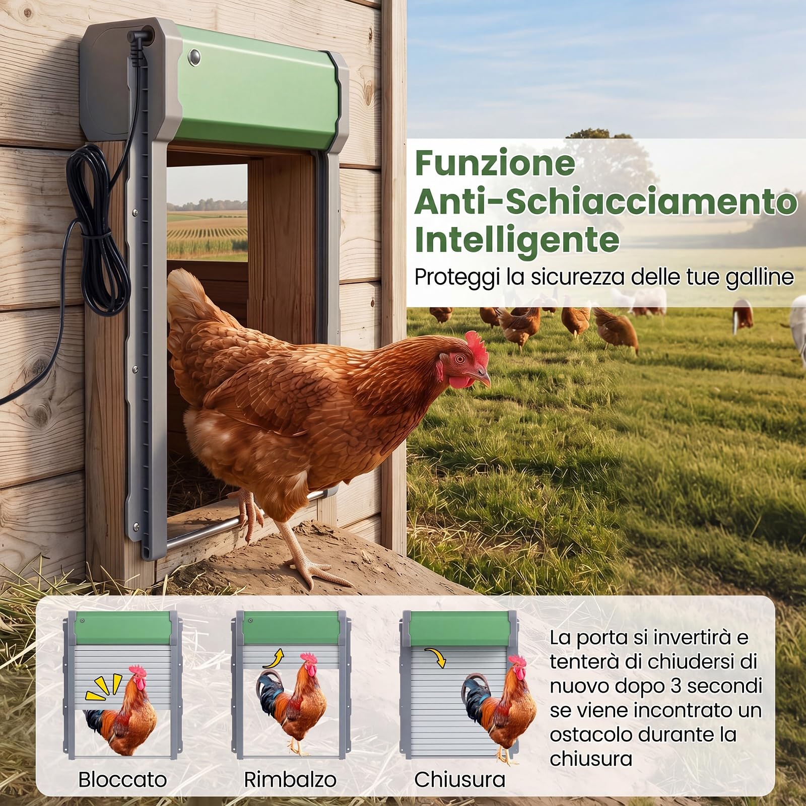 COSTWAY Porta Automatica per Pollaio, Alimentazione Solare e USB, Porta Anti-Pizzicamento per Galline con Sensore di Luce, Timer, Telecomando e Modalità Manuale, Ideale per Diversi Pollame