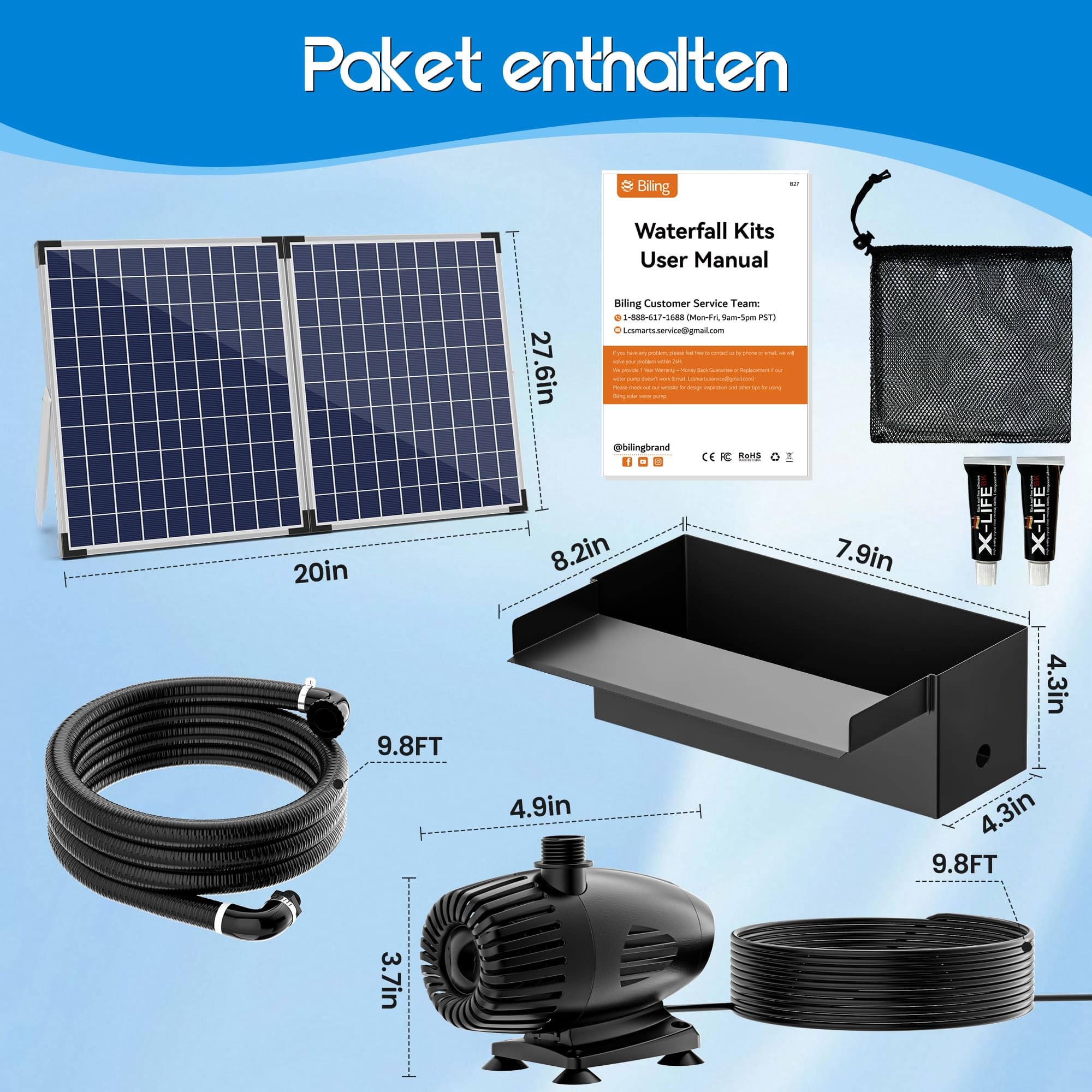 Biling Juego completo de cascada solar, 20 cm, acero inoxidable, con bomba de 2100 l/h, bomba de 2100 l/h, cascada, arroyo, para jardín, terraza, pared de agua