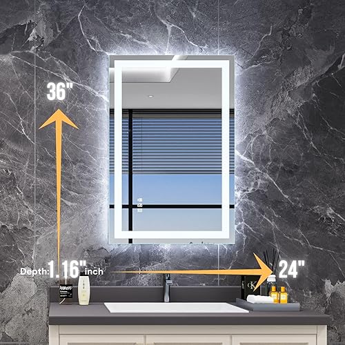 Miniatura 2 de Espejo de baño LED de 24 x 36 pulgadas, espejo de baño retroiluminado con luces, regulable continuamente, antivaho, a prueba de roturas, memoria,