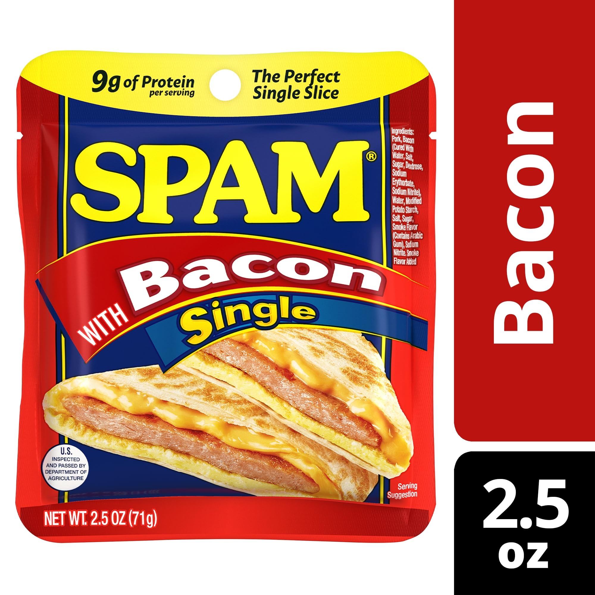 SPAM Single Bacon 2.5oz Individual Pouch (Pack of 12) Fully Cooked Pork and Ham, 9g of Protein, 0g Trans Fat, Low Carb, Keto-Friendly, Gluten Free, Easy Open Pouch, Perfect for Sandwiches & Breakfast