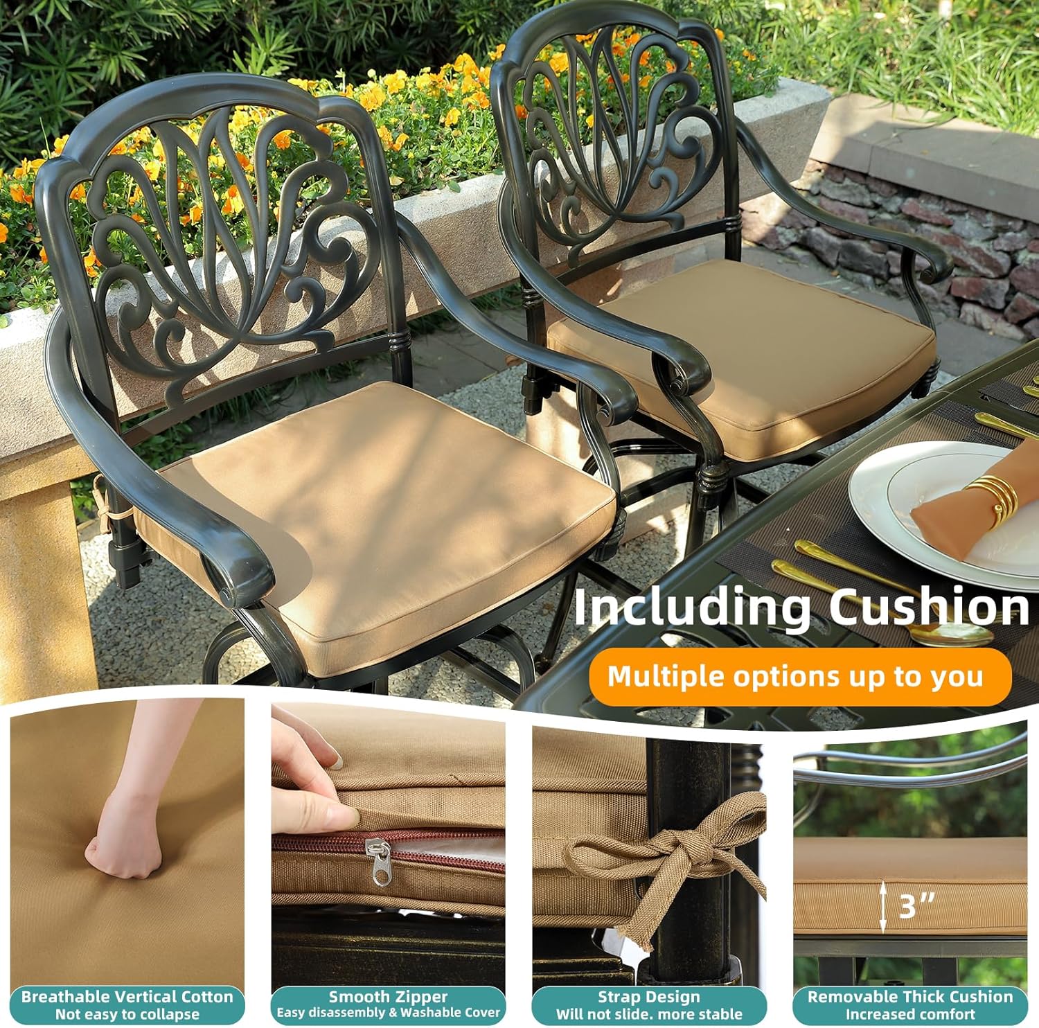 MEETWARM 3-Piece Patio Swivel Bar Set, All-Weather Cast Aluminum Outdoor Bar Height Bistro Set with 2 Cushioned Bar Stools with Footrest and 42" Rectangle High Top Bar Table for Deck, Poolside, Garden