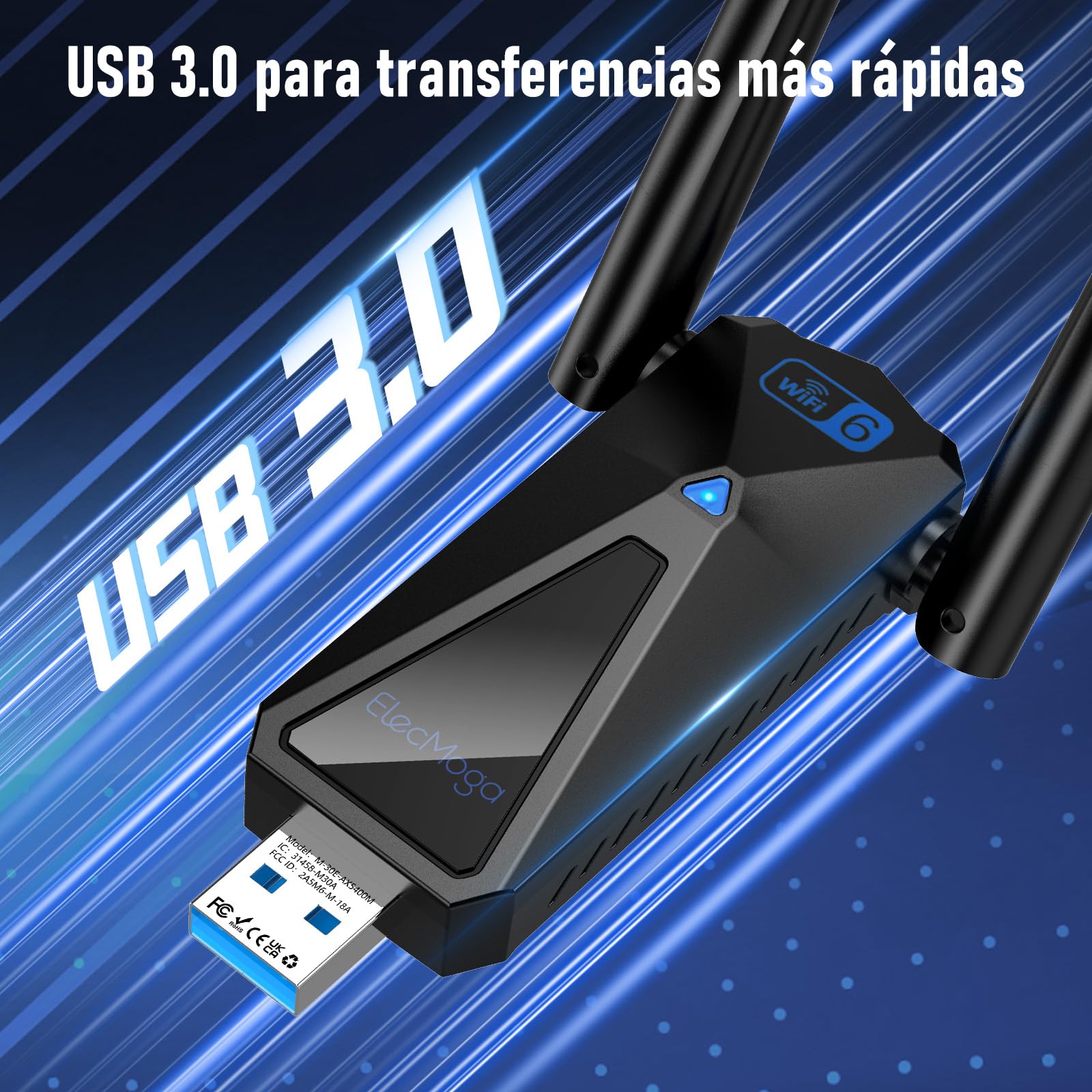 ElecMoga WLAN Stick WiFi 6, 5400 Mbps WLAN adapter PC, USB Stick 3.0, antena High Gain 2dBi, obsługuje Tri-Band Internet 2,4 GHz/5 GHz/6GHz, kompatybilny z Windows 10/11